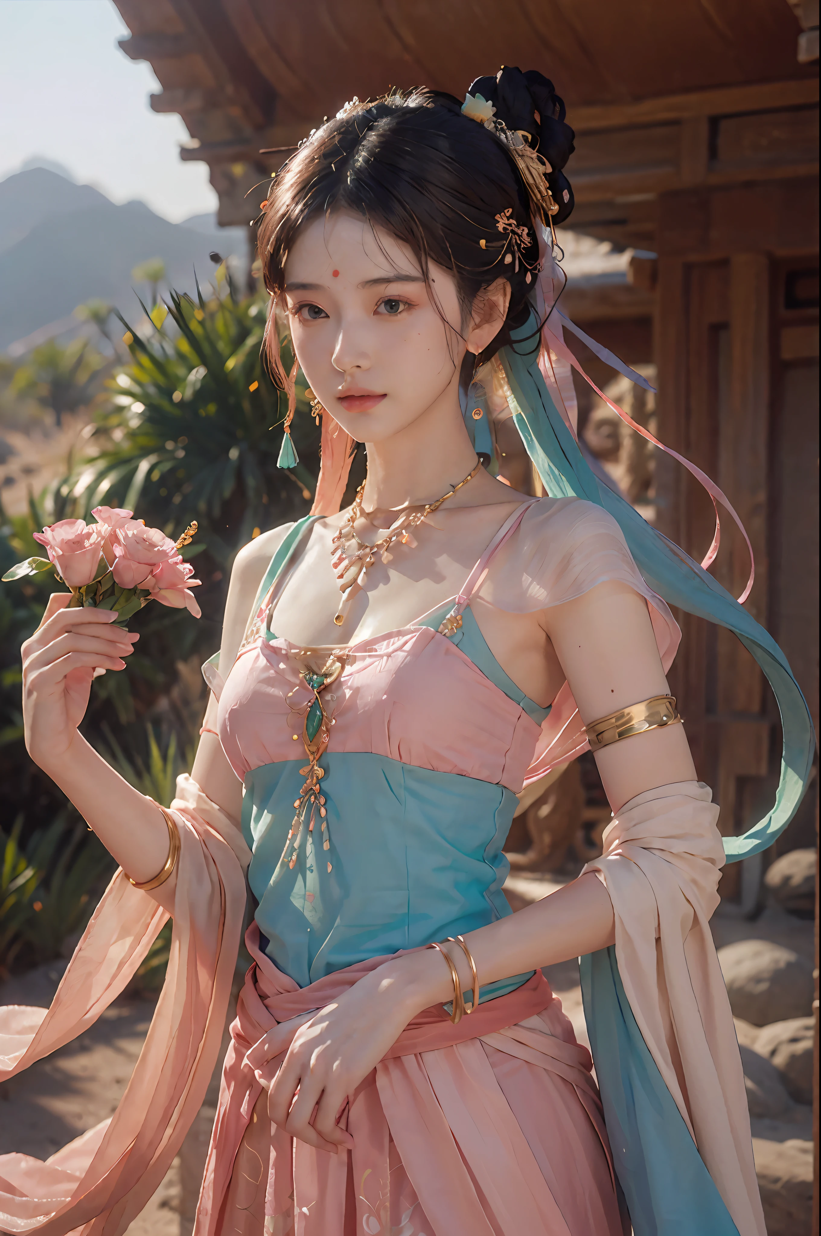 (best quality:1.1),(masterpiece:1.1),high resolution,extremely Detailed details,intricate details,8k,hdr,diffused soft light,
(realistic:1.3),(photorealistic:1.3),whole body,(Beautiful face:1.2),(Small head:1.1),
(dunhuang_clothes:1.3),(dunhuang_dress:1.3),
jewelry,necklace,gorgeous neck ring,arm belt,bangle,belly chain,anklet,chest chain,
fashion photography portrait of pink human avatar,in pink lush jungle with flowers and birds,3d render,cgi,symetrical,octane render,35mm,bokeh,(desert dunes as a background),