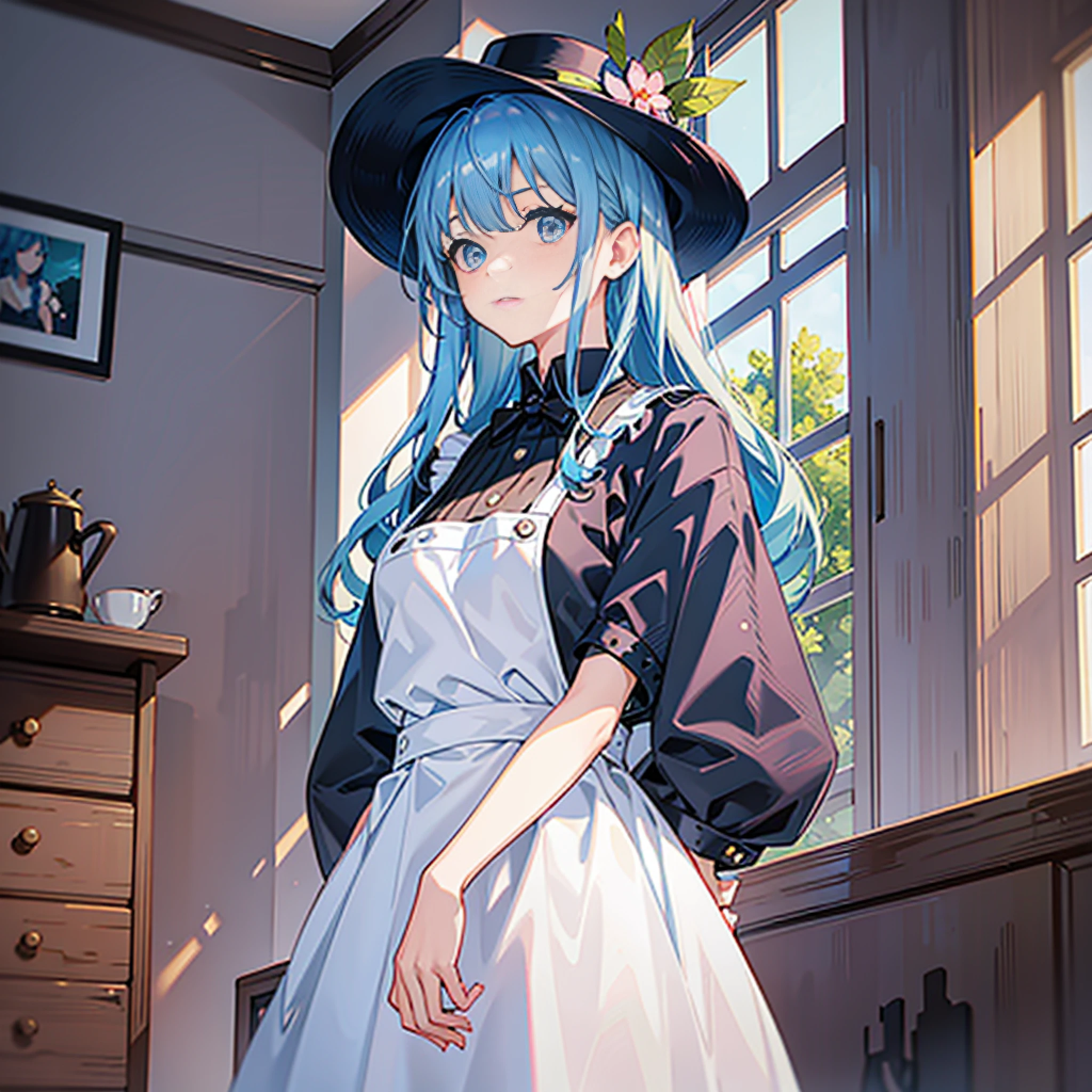 A 15-year-old blue-haired girl wearing a black round-brimmed hat, with two pink peaches with a few leaves on the side of the hat, wearing a white blouse and a long blue skirt with a white apron in front of the skirt, the edges of the apron are colored, and she is standing with a red face in a pure green unfurnished room with no doors and windows, empty hands and thin lines