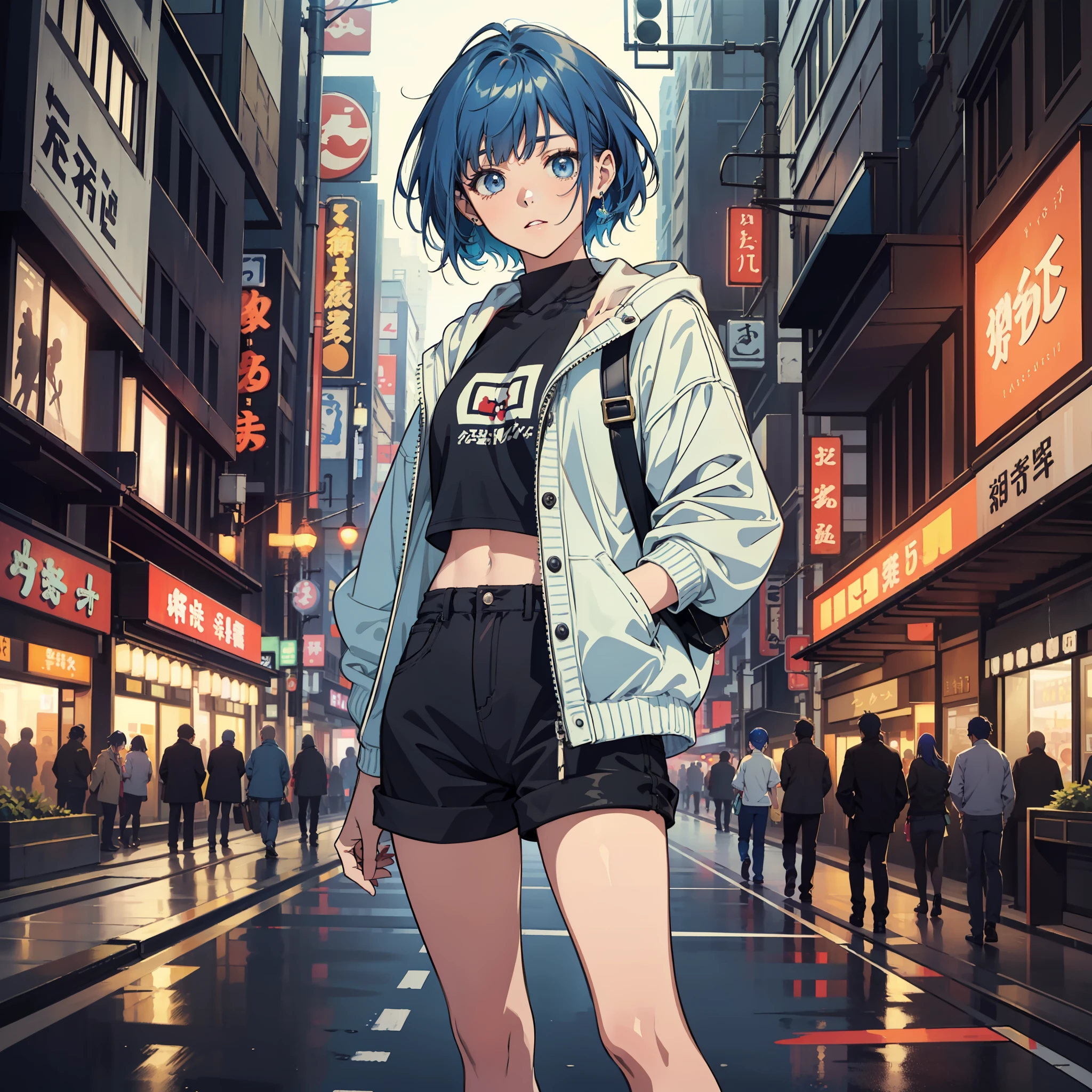 (The picture quality is high-definition, the girl's skin tone is tingting and jade), ((the painting style is real style, the lens pushes the outside line, the lighting is dim and pleasant)), Tokyo night scene, temperamental girl chuckles slightly sideways, holding a shopping bag to admire the high-rise buildings, the whole picture is mysterious and soft, the street is full of vitality, showing the girl's youthful charm. The wind chimes, the girl playfully blows the wind in the evening breeze, sculptures and street lamps become the picture dotted, and the distant traffic fades away, the whole picture is full of the romance and unique imprint of Tokyo night.
Blue eyes, blue hair, hair level with chin, short and medium hair, medium chest, black shorts, thin, blue clothes with jacket, female, M bangs, smooth body structure, girl standing in the city, mouth corners up, half body, one size fits all,