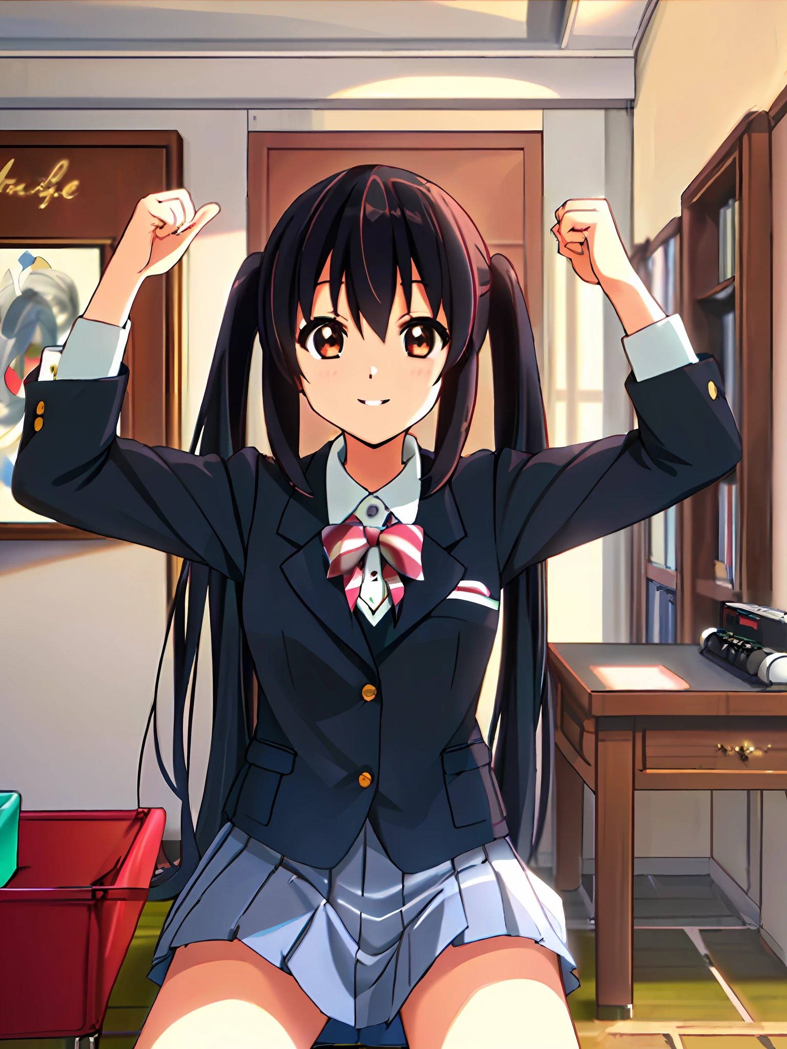 1girl, ((((Masterpiece))), Best Quality, Best Quality, High Detail, Azusa Nakano, 1girl, Sakuragaoka High School Uniform, Musical Instrument, School Uniform, Twin Tails, Long Hair, Black Hair, Brown Eyes, Solo, Red, Dark blue blazer with a thin ribbon of red, Solid white button shirt under blazer, Illustration, Cartoon, Soothing tones, Muted colors, Soft cinematic light, Adobe Lightroom, Photo Lab, HDR, complex and highly detailed, (((depth of field))))). (((Masterpiece))). (((highest quality))).) ((super detail))). (((Illustration))). (((Room))). (((fighting stance))).,dynamic focus.small breasts. (((smile))).Spread your arms, stretch your chest, sit down, close your mouth.