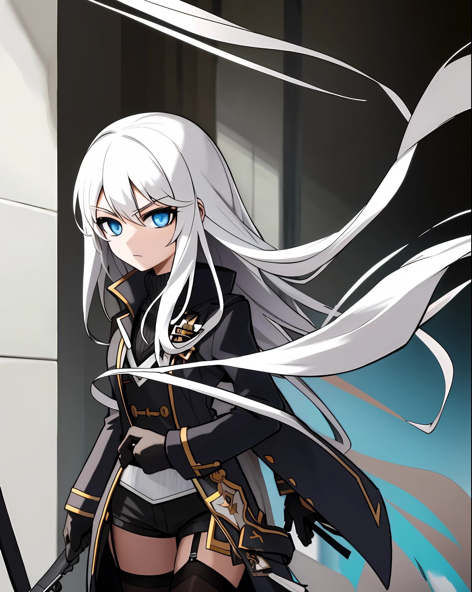 Assassin, girl, cute, super long, white hair, blue eyes, black gloves, black coat, shorts, black stockings, garter belt, white shirt