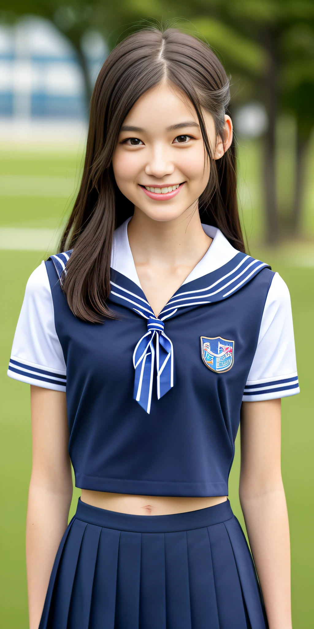neat college girl, (school uniform, sailor uniform, ribbon tied at chest, summer clothes, upper body white, skirt dark blue, short sleeves), outside the athletic field, (slim), photorealistic, detail, skin texture, ultra detail, delicate and sexy collarbone, smile, super detailed face, detailed lips, detailed eyes, double eyelids, small breasts, small breasts, small, flat breasts, breast emphasis