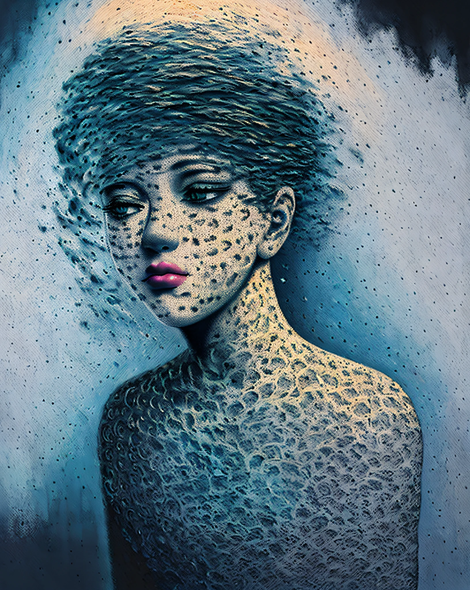 Absurd, high resolution, ultra-detailed, (1 girl:1.2), dotted painting technique, dotted shadows, intricate details, fine dots, texture effects, subtle gradients, fascinating craftsmanship, infrared photography, otherworldly tones, surreal landscapes, invisible light, ethereal glow, vivid colors, ghost effects