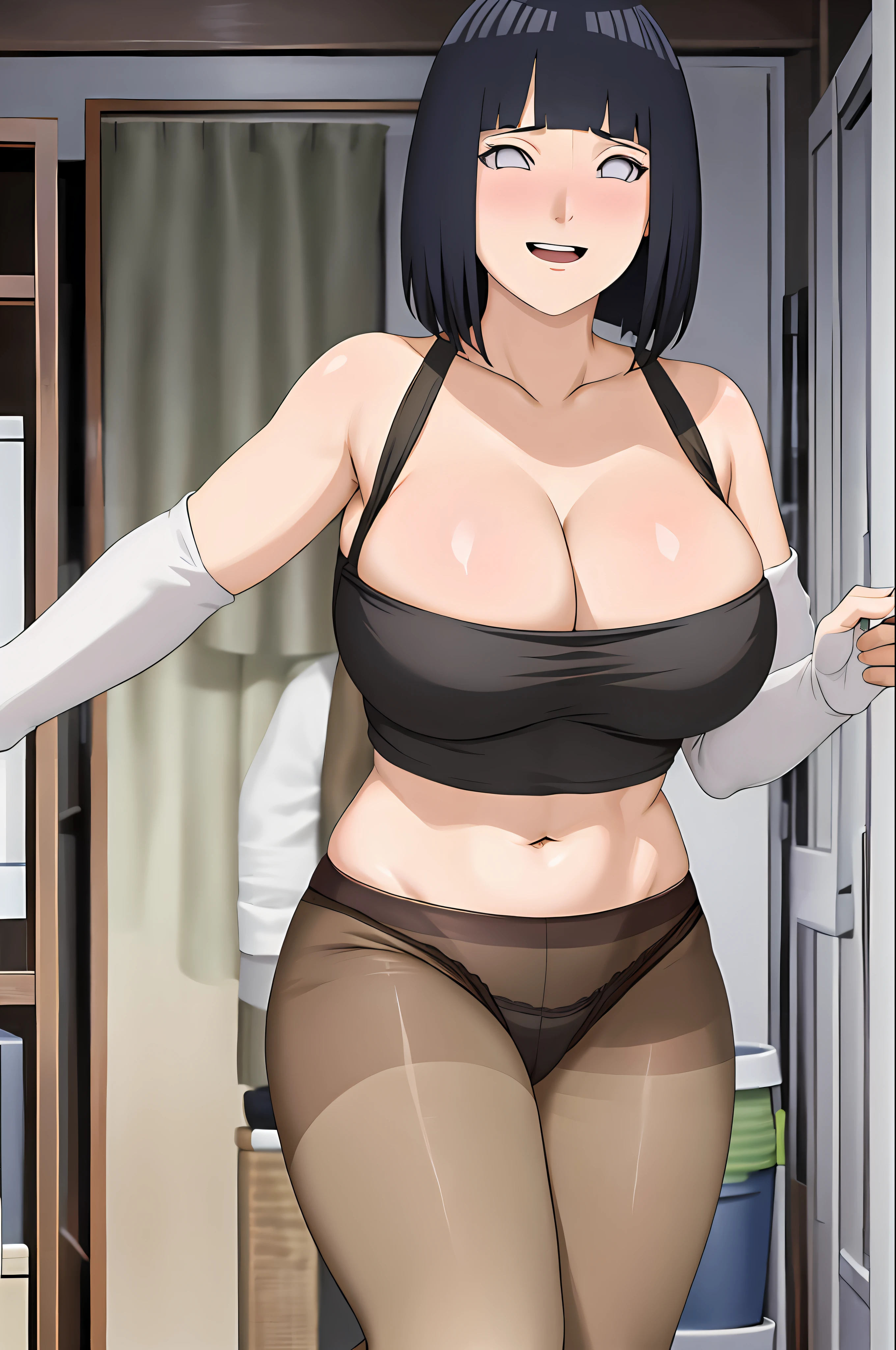 masterpiece, best quality, 1girle,solo, hinata\(boruto\),looked at the audience,light blush, laughing,huge breasts, bouncing breasts,black sports bra,black pantyhose,
