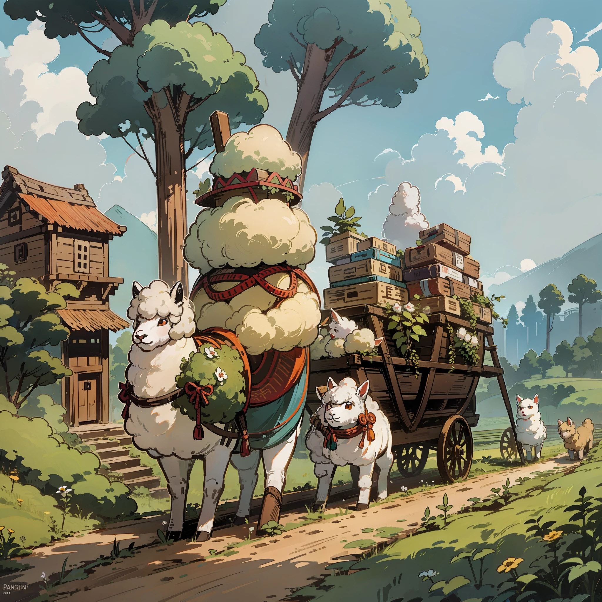 Forest, terraces, clouds, wide angle, pioneer, dirt road, traveling merchant, alpaca, alpaca carrying goods, indian merchant, back, go forward, wooden crutches, ray tracing, comics, 3d rendering, cartoon, cute style, sunny, outdoor, detail, 4K, HD, high quality