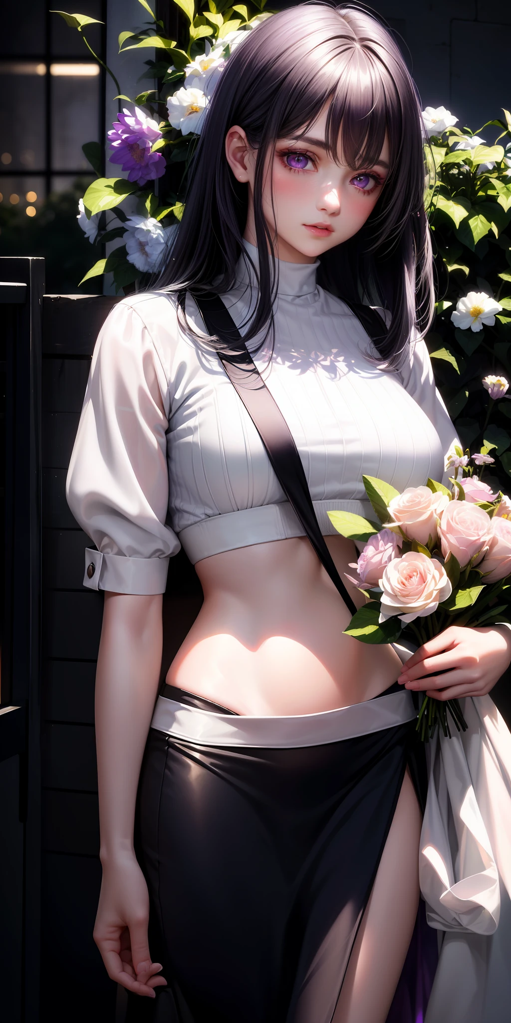 (HD Masterpiece: 2) Realistic, (1girl), Glowing Eyes, (White Hair: 1.2, Cropped Top, Skirt), (Purple Eyes, Parted Lips, Blush: 1.1), (Night: 1.2, Flowers: 1.1, Sunlight: 1.1), (Sun: 1.1, Beautiful HD Light and Shadow, Warm Sunshine: 1.1)