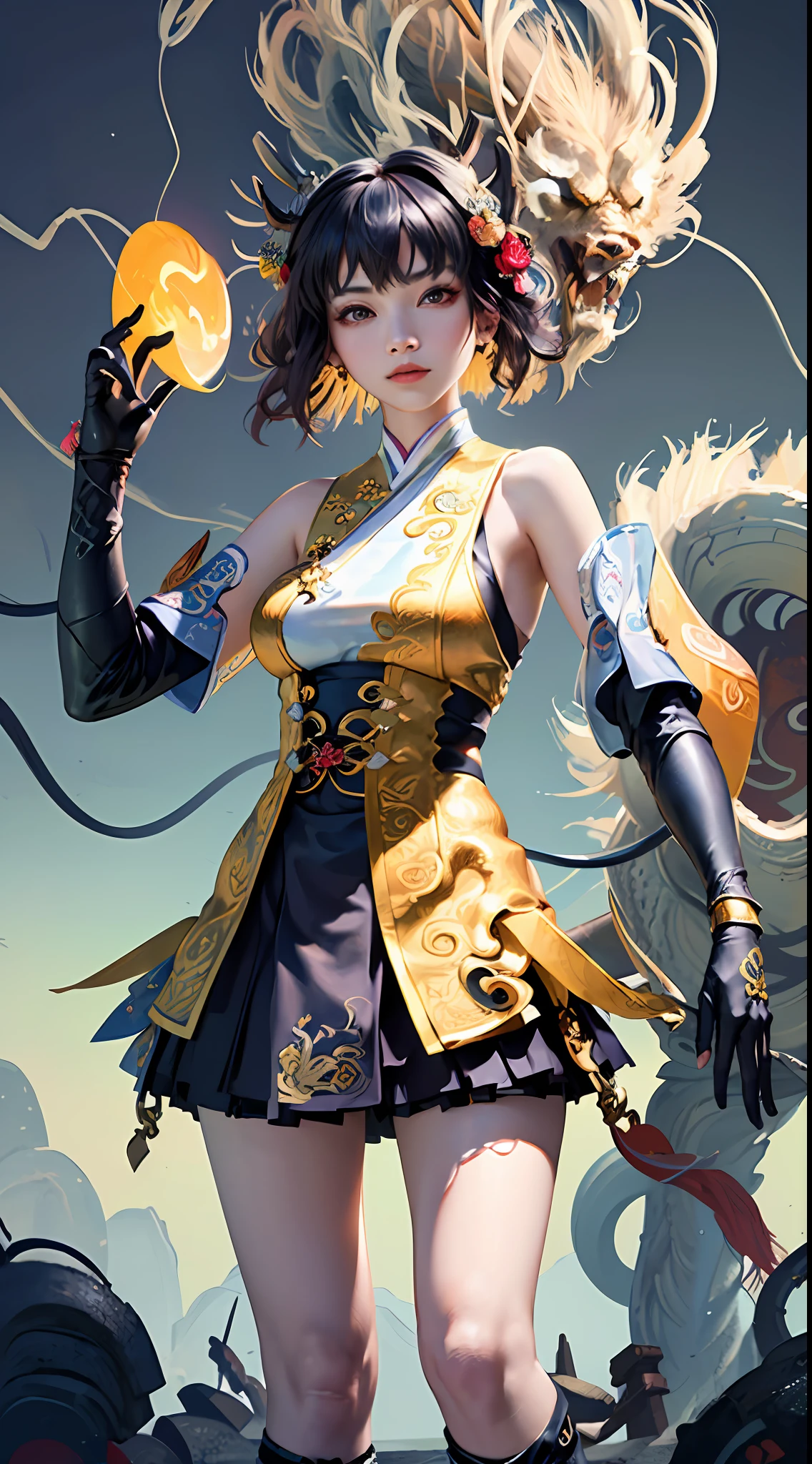 Official Art, Unified 8K Wallpapers, Ultra Detailed, Beautiful and Aesthetic, Masterpiece, Best Quality, (Zentangle, Tangle, Entangle), (fractal art: 1.4), 1girl, black hair, Chinese, off-the-shoulders, short skirt, calves, navel, long-sleeved clothes without showing hands, very detailed, dynamic angle, cowboyshot, (most beautiful form of chaos), ethereal, (bright colors), OC, (half: 1.2), Chinese, (thangka Feitian: 1.5), (ribbon: 1.3), (dream: 1.5), (Hanfu: 1.5), (smile: 0.5), (Chinese deity),