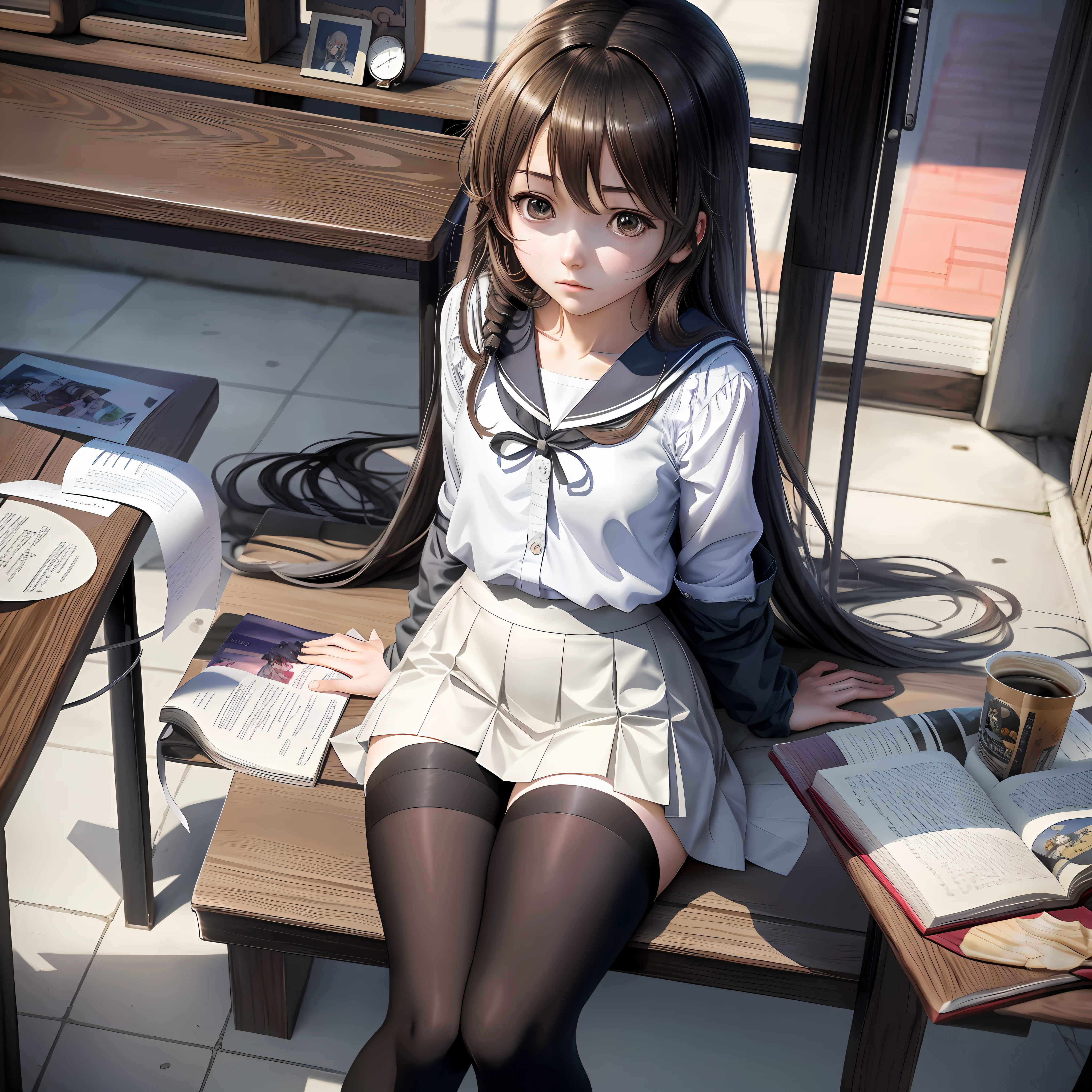 Anime girl sitting on bench holding a book and a cup of coffee, a surreal schoolgirl, Kantai collection style, anime girl cosplay, beautiful anime high school girl, surrealist schoolgirl, anime girl in real life, mysterious coffee shop girl, young anime girl, realistic schoolgirl, attractive anime girl, realistic anime, beautiful anime girl, seductive anime girl, real, realistic, CG, masterpiece