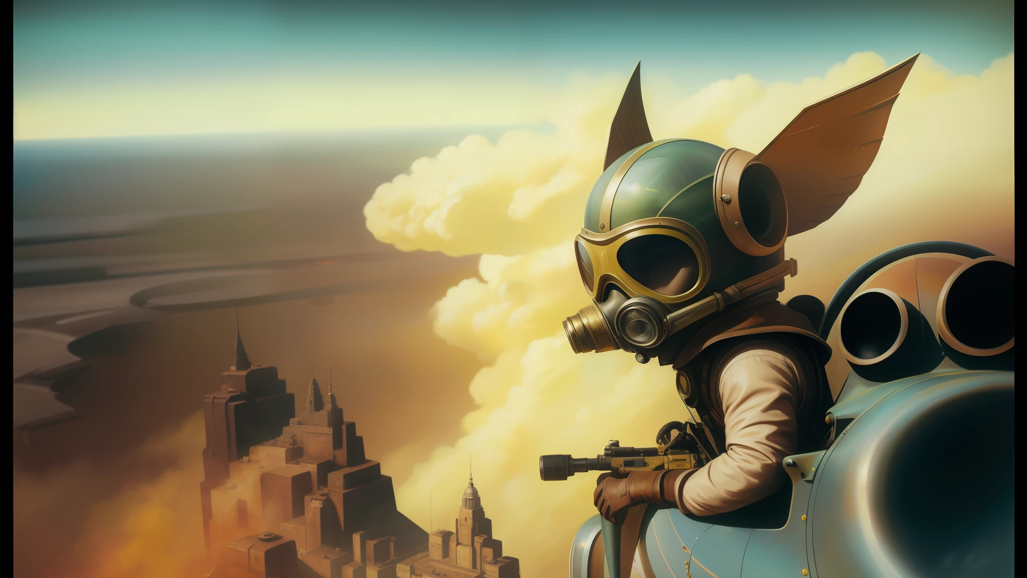 there is a man in a yellow gas mask sitting in a yellow car, stunning sci-fi concept art, glass helmets and dove wings, inspired by Wojciech Siudmak, dynamic closeup, vulture, photorealism pastel, dieselpunk art style, anamorphic widescreen, tekkon kinkreet, hyperrealistic beautiful face, speedy aircraft, masterful painting
