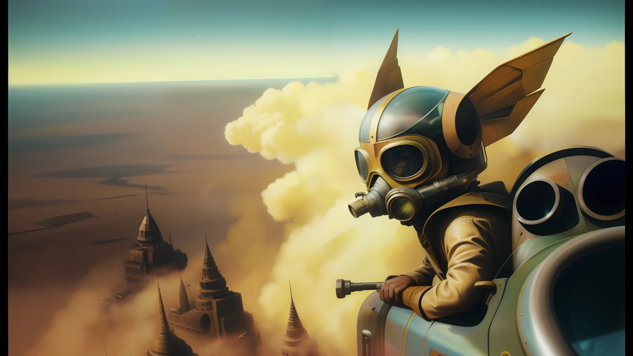 there is a man in a yellow gas mask sitting in a yellow car, stunning sci-fi concept art, glass helmets and dove wings, inspired by Wojciech Siudmak, dynamic closeup, vulture, photorealism pastel, dieselpunk art style, anamorphic widescreen, tekkon kinkreet, hyperrealistic beautiful face, speedy aircraft, masterful painting