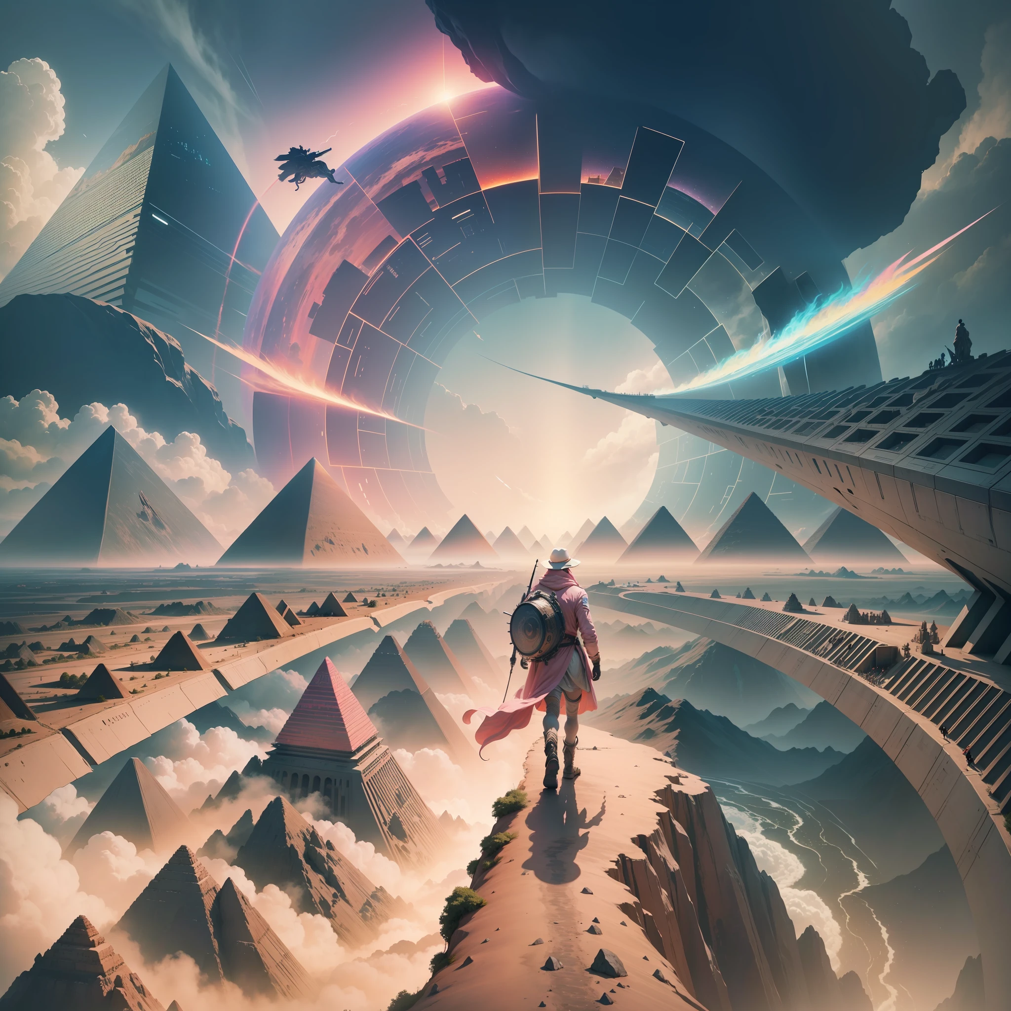 man walking sideways over time, at the bottom some pyramids, cavemen and dinosaurs, at the top futuristic ships, and futuristic buildings, inspired by psychedelia, time travel, pink floyd, epic, 8k, art