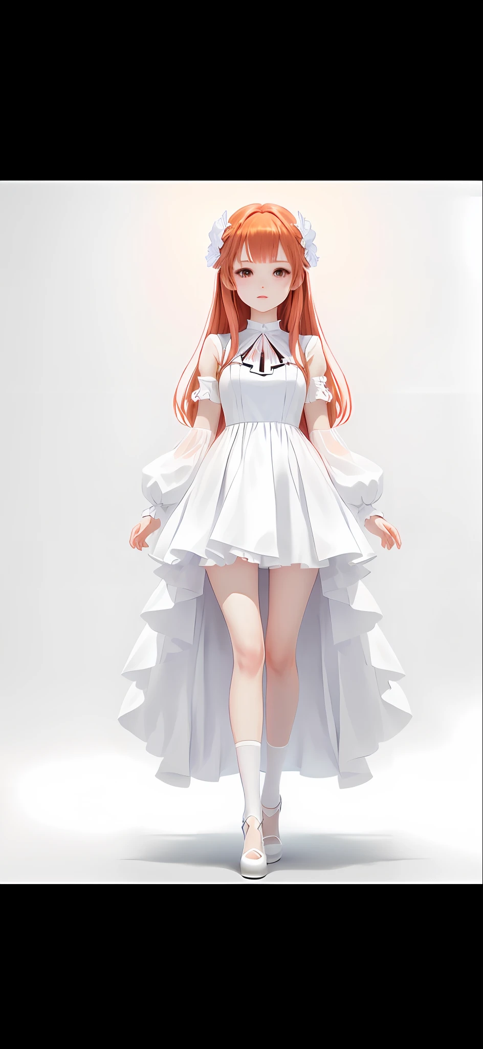 Anime girl wearing white dress, full body adoptable, (facial features), clear clothing design, red hair anime full body illustration,!! Full body portrait!!, small curved loli, full body commission