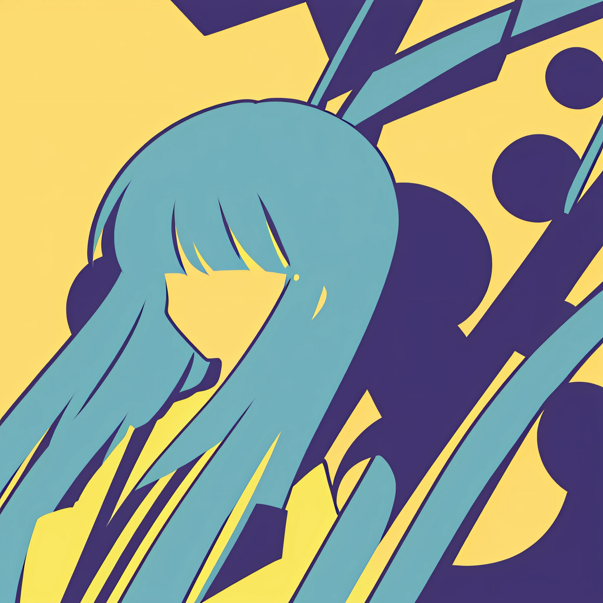 anime minimalist, 1girl, solo, blue hair, yellow background, hair ornament, curly hair, butterfly hair ornament