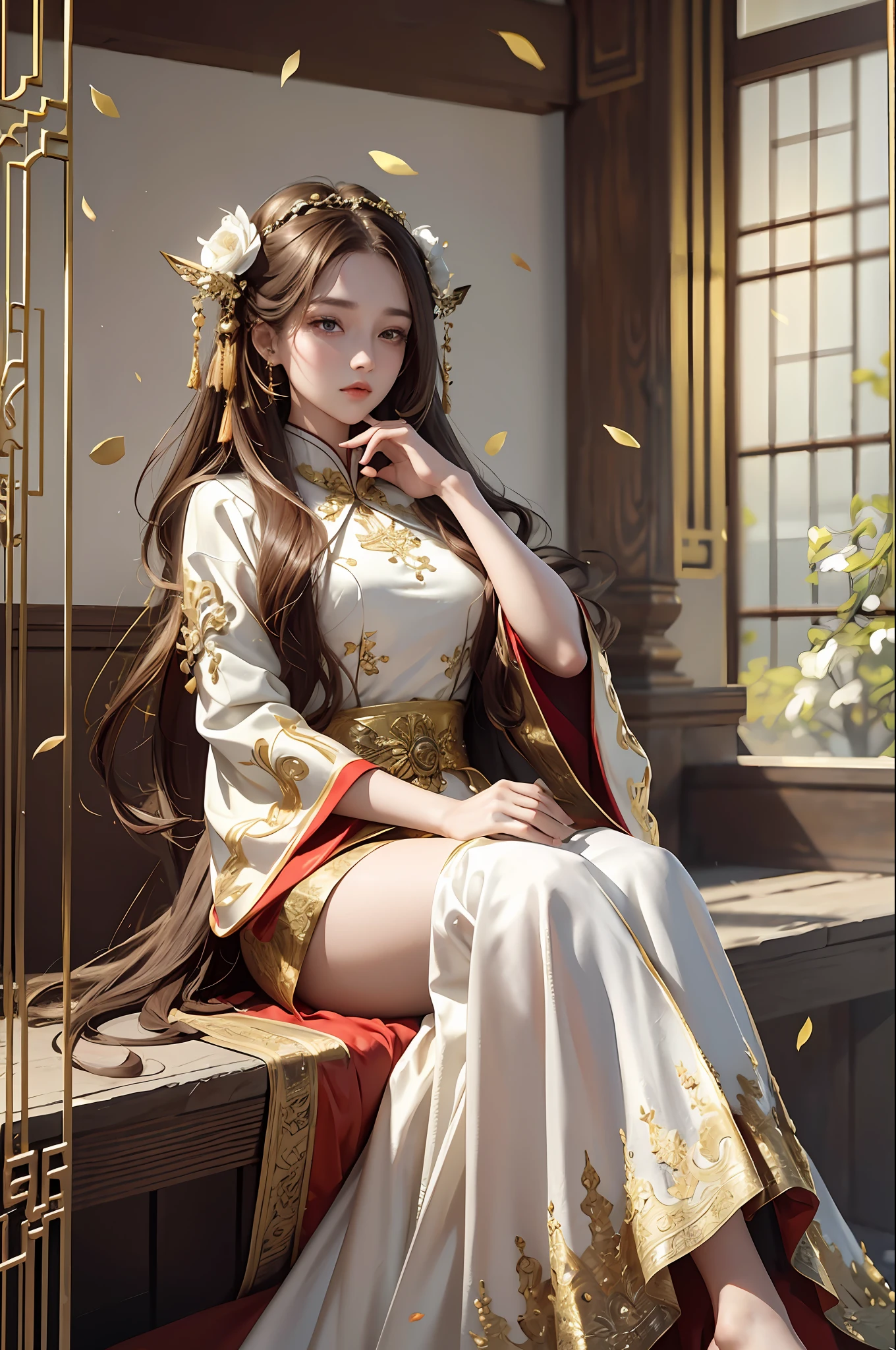 best quality, masterpiece, highres, (exquisite body:1.5),gorgeous face,(milky skin:1.3),intricate details,high resolution,wallpaper,
1girl, solo, dress, hair ornament, (((gold and red dress))), flowers, long hair, brown hair, closed mouth, jewelry, long sleeves, hand up, wide sleeves, big eyes,floating hair, chinese clothes, hanfu, embroidery, long skirt, natural pose, falling petals, indoor,fanning, lantern,
16K,HDR,highres,depth field,(film grain:1.1),boken,golden hour,(lens flare),vignette,rainbowing,(color grading:1.5)
