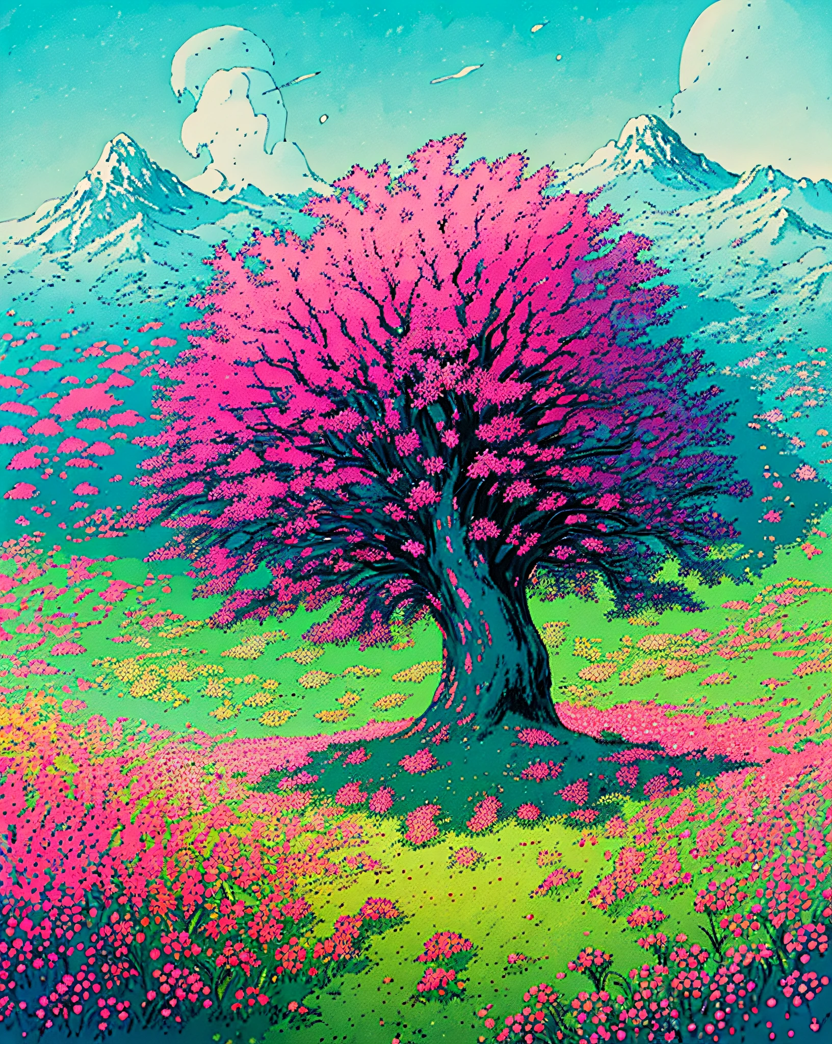 Absurd, high resolution, ultra-detailed, (1 girl:1.2), dotted painting technique, dotted shadows, intricate details, fine dots, texture effects, subtle gradients, fascinating craftsmanship, infrared photography, otherworldly tones, surreal landscapes, invisible light, ethereal glow, vivid colors, ghost effects