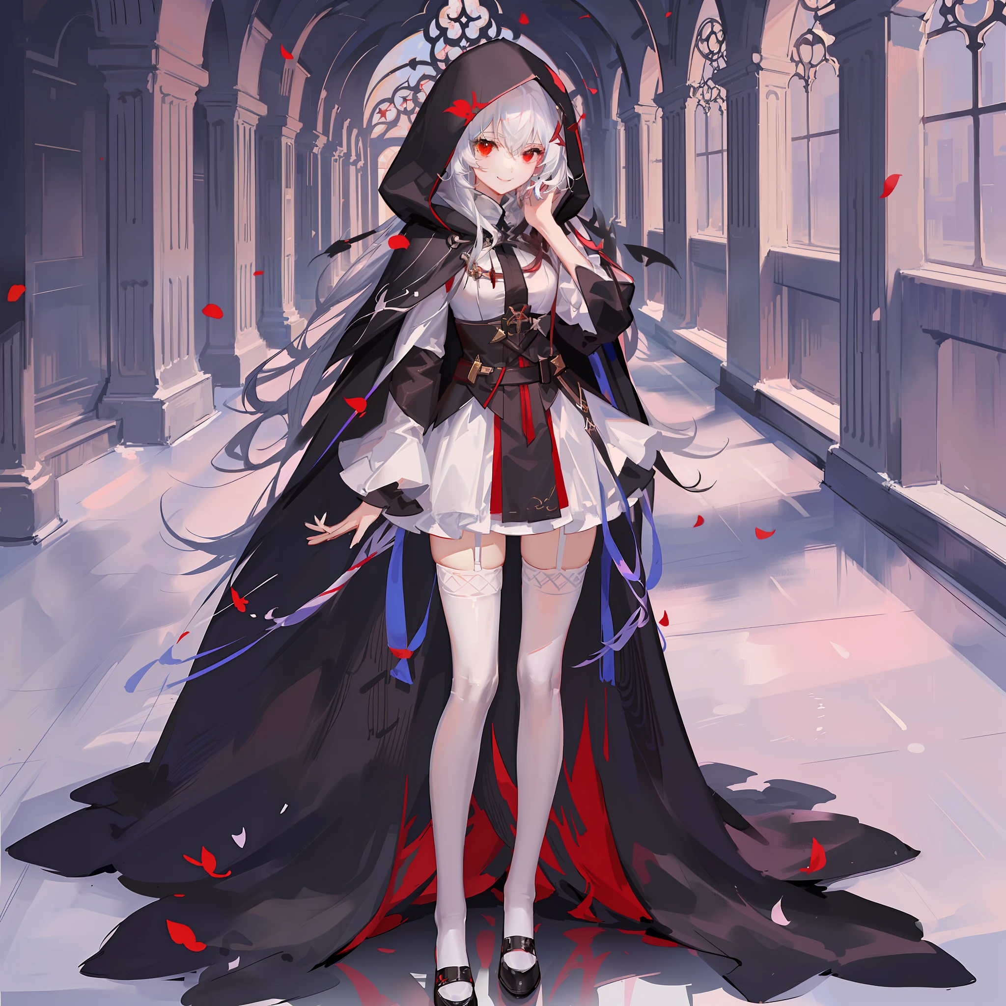 Maiden, white stockings, playful smile, round red thread striped road black robe, hood, cape, red eyes, long white hair, standing posture, full body, mage, holy girl