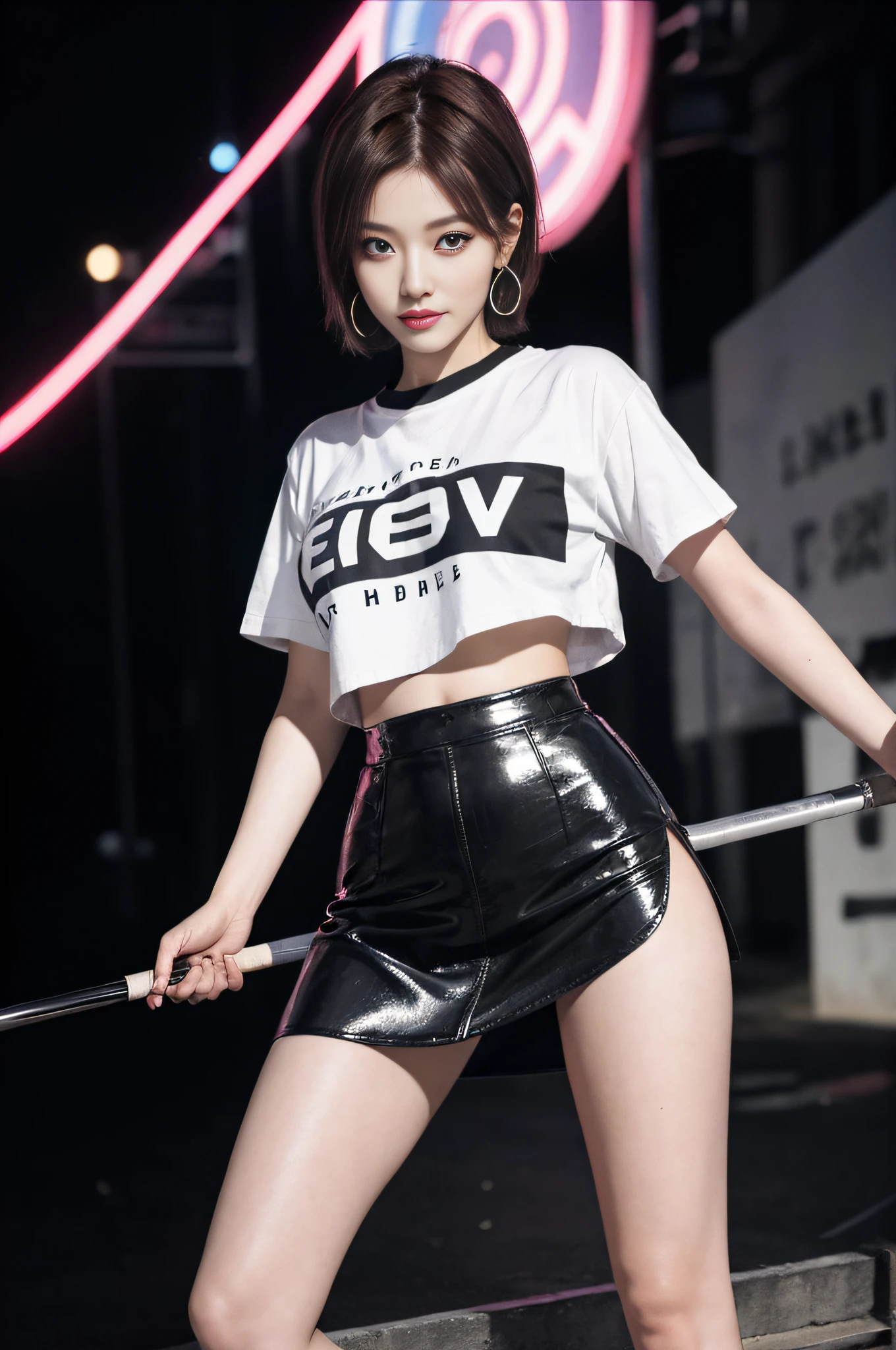 8K RAW photos, high resolution, 22-year-old cool Korean, big round breasts, cropped length t-shirt, skirt, beautiful eyes in detail, long eyelashes, beautiful double eyelids, eye shadow, long eyes, elongated eye shape, sanpaku eyes, dark eye makeup, evil smile, beautiful thin legs, short hair pixie cut, very bright brown hair, earrings, night, dark atmosphere, spotlight