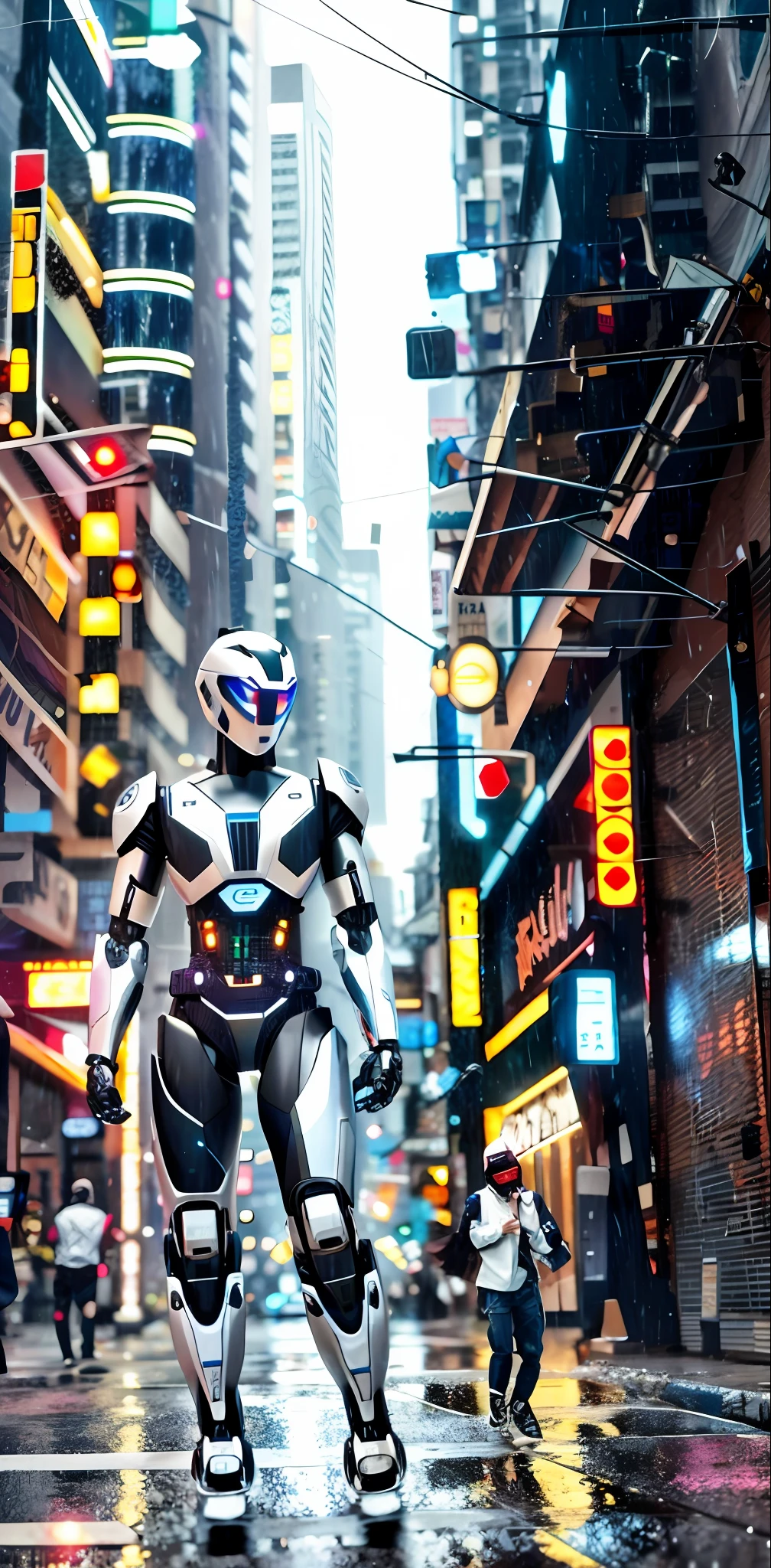 There is a robot walking down the street in the rain, cyberpunk art surreal 8K, in Cyberpunk City
