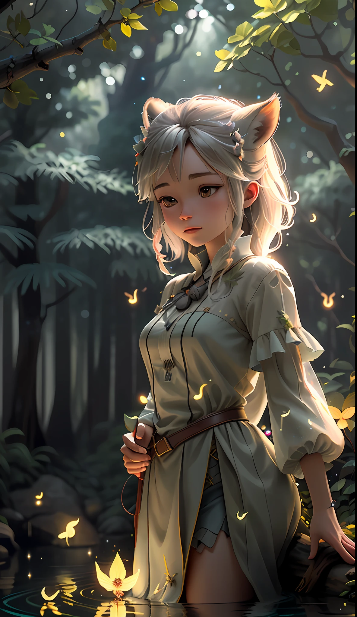 Masterpiece, best quality, (very detailed CG unity 8k wallpaper), (best quality), (best illustration), (best shadows), glow sprite, with a glowing deer, in the swimming pool Drinking water, natural elements in the forest theme. Mysterious forest, beautiful forest, nature, surrounded by flowers, delicate leaves and branches surrounded by fireflies (natural elements), (jungle theme), (leaves), (twigs), (fireflies), (particle effects) etc. 3D , Octane rendering, ray tracing, super detailed