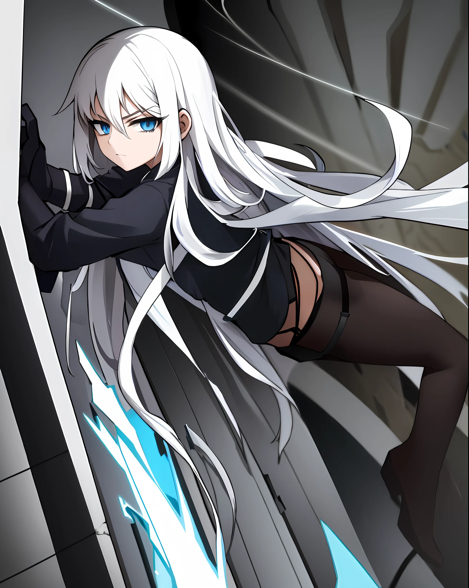 Assassin, girl, super long, white hair, blue eyes, black suit, shirt, black gloves, shorts, black tights garter belt,