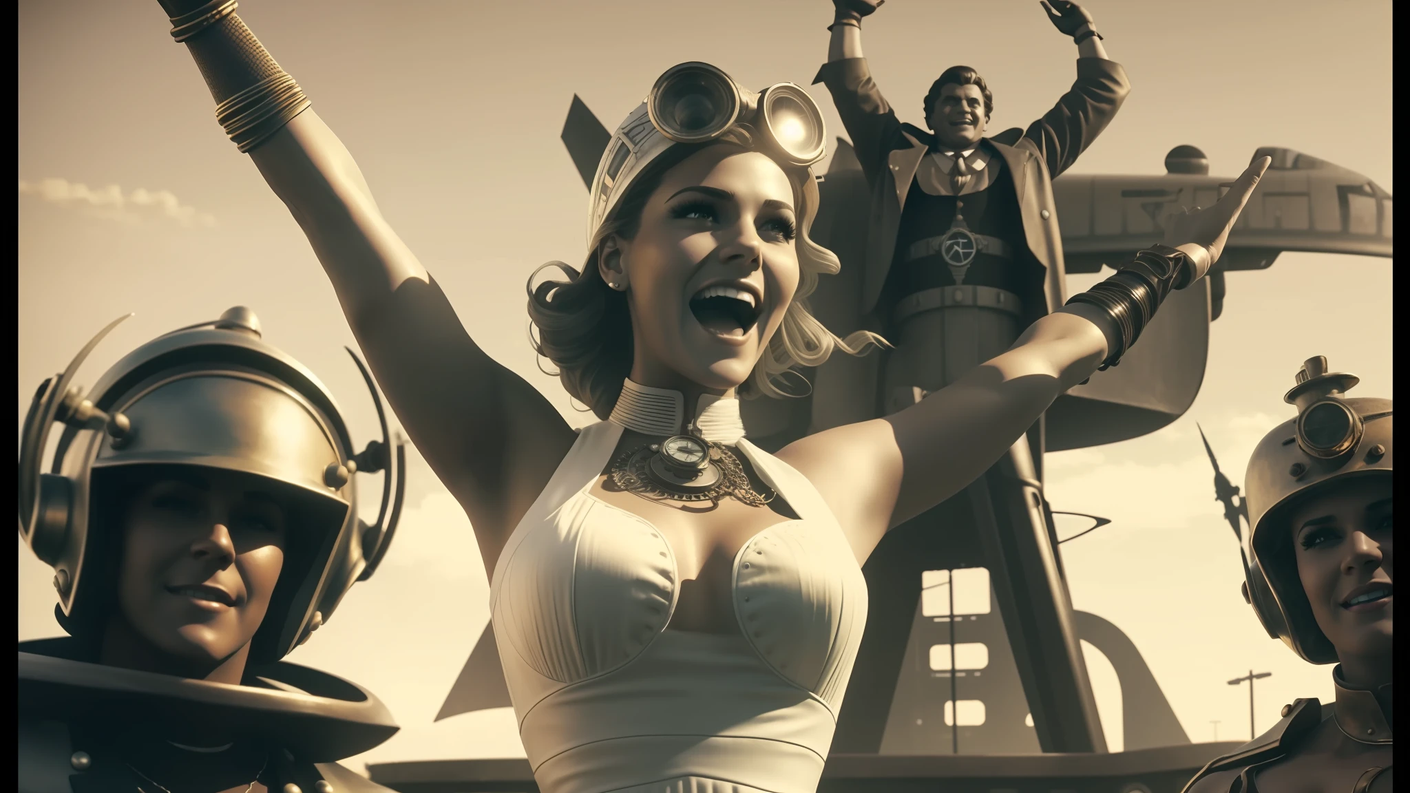 there is a woman in a white dress and some people, film still from sin city, being delighted and cheerful, steampunk city on the background, bronze - skinned, fallout airplane concept art, riverdale, protagonist in foreground, colorgrading