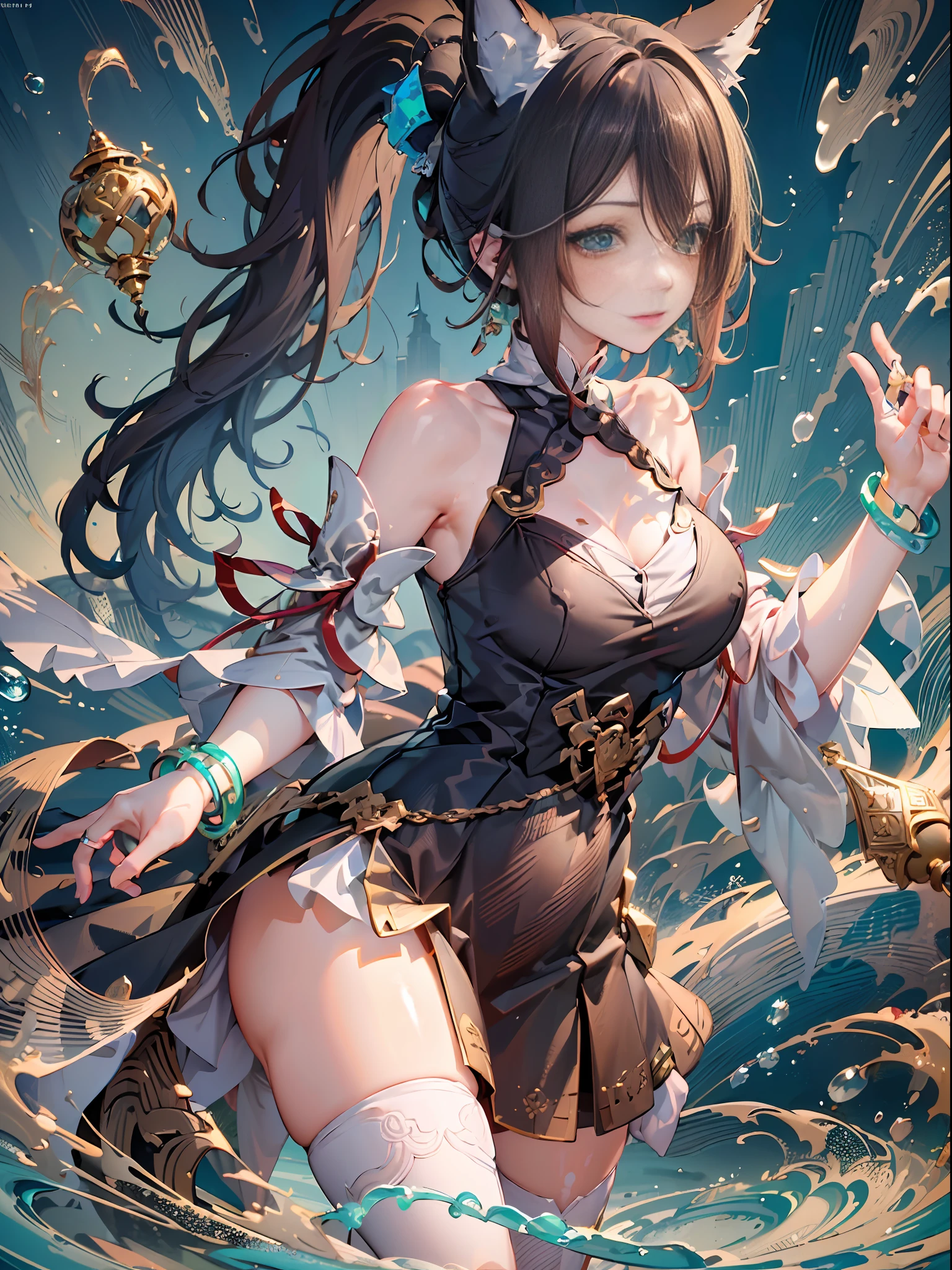 (Best quality: 1.3), (Masterpiece: 1.3), (Ultra Detail: 1.3), (wallpaper, 1girl, solo, official, brown hair, animal ears, ponytail, hair ornament, green eyes, red eyeshadow, jewelry, detached sleeves, medium breasts, dress, 狐狸 tail, bracelet: 1.1),([diamond:1.3|eyes]:1.2), ([opal:1.9|gradient_hair:1.3]:1.2), (hair dripping:1.25), (detailed hands and fingers:0.9),,tbcc illustration,(detailed super oily shiny skin:1.1),([wet:0.8|mucus]),oily shiny thighhighs,