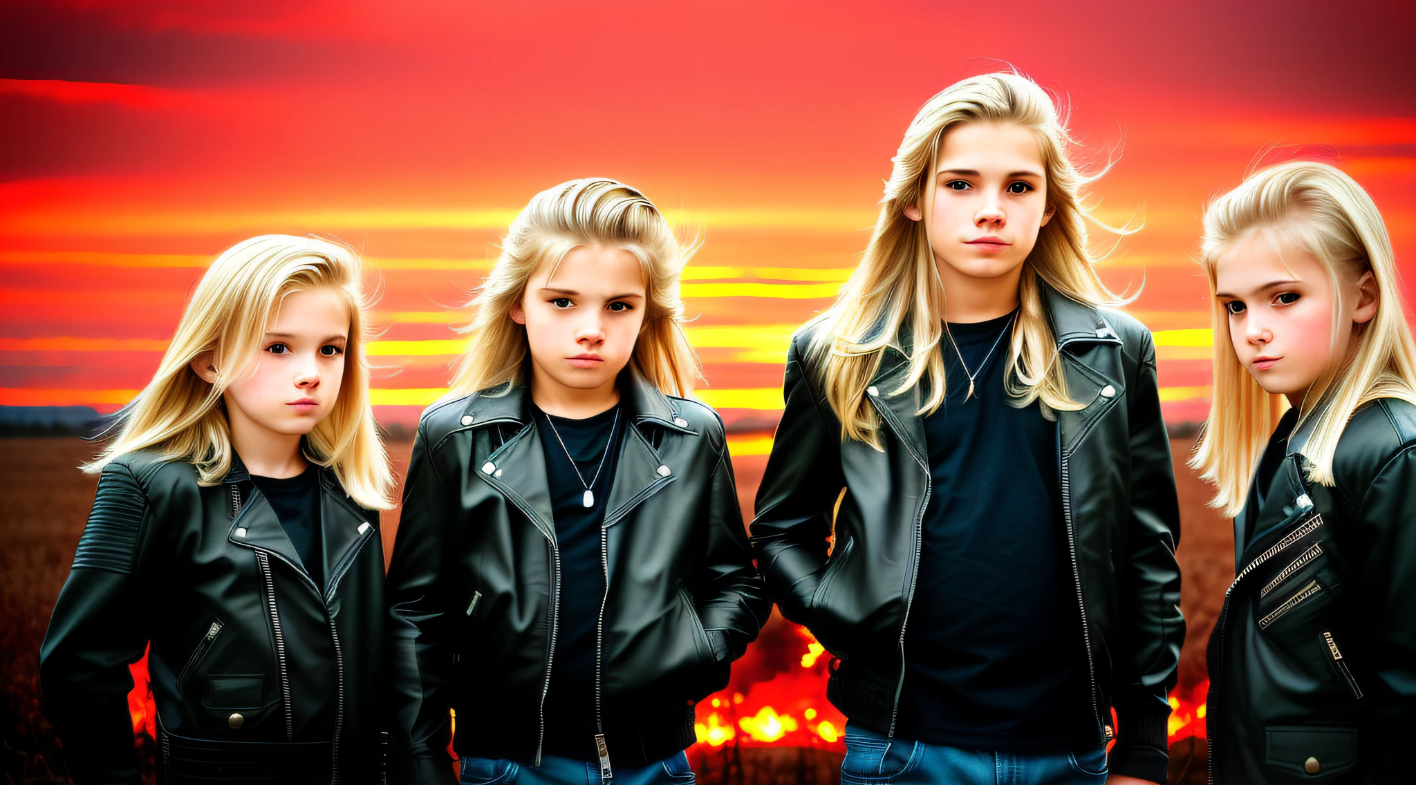 3 BOYS Russian children with 20 years old WITH LONG STRAIGHT BLONDE HAIR, LEATHER JACKET AND BLACK CLOTHING, PORTRAIT STYLE, a closeup of a mushroom cloud with a red sky in the background, nuclear bomb explosion, nuclear bomb, nuclear explosion, bomb explosion, nuclear mushroom cloud, nuclear attack, nuclear bomb explosion, nuclear cloud, nuclear explosion!!!, mushroom cloud, looks at nuclear explosion, nuclear explosions paint the sky, atomic explosion, an explosion, nuclear war, nuclear apocalypse, nuke