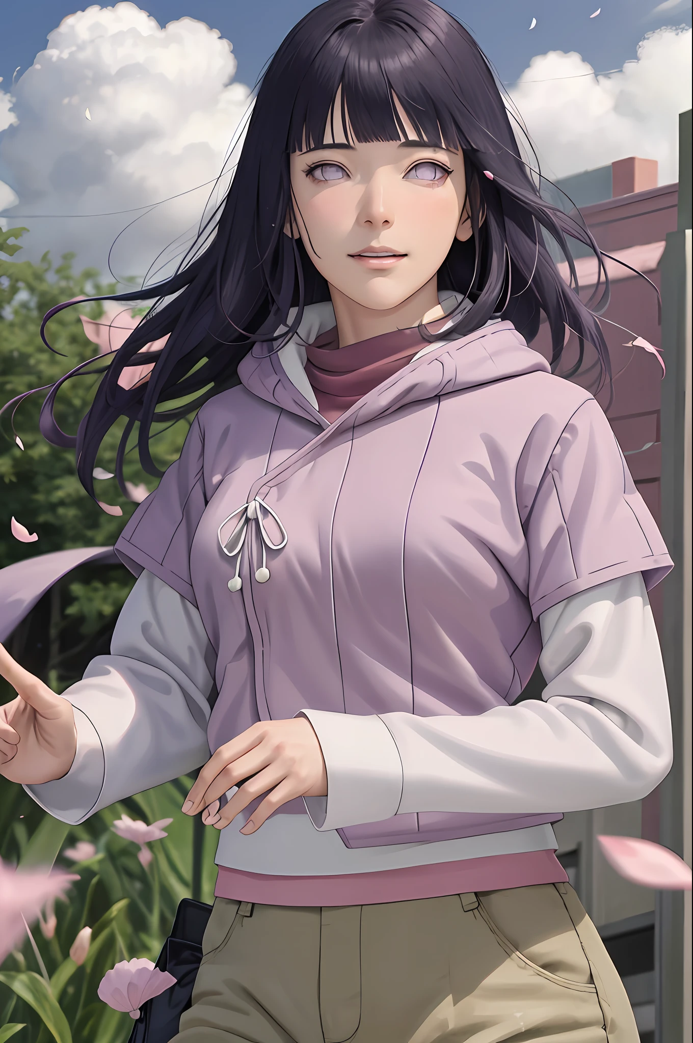 masterpiece, absurdres, hinata\(boruto\), 1girl, solo,mature female, purple hoodie,layered sleeves, brown pants,  outdoors,lavender flower field, wind, floating hair, looking at viewer, (falling petals), cloudy sky, perfect composition, detailed lips, medium breast, beautiful face, body propotion, blush, (pink lips), long hair,  purple eyes,  soft gaze, sad smile, long red scarf