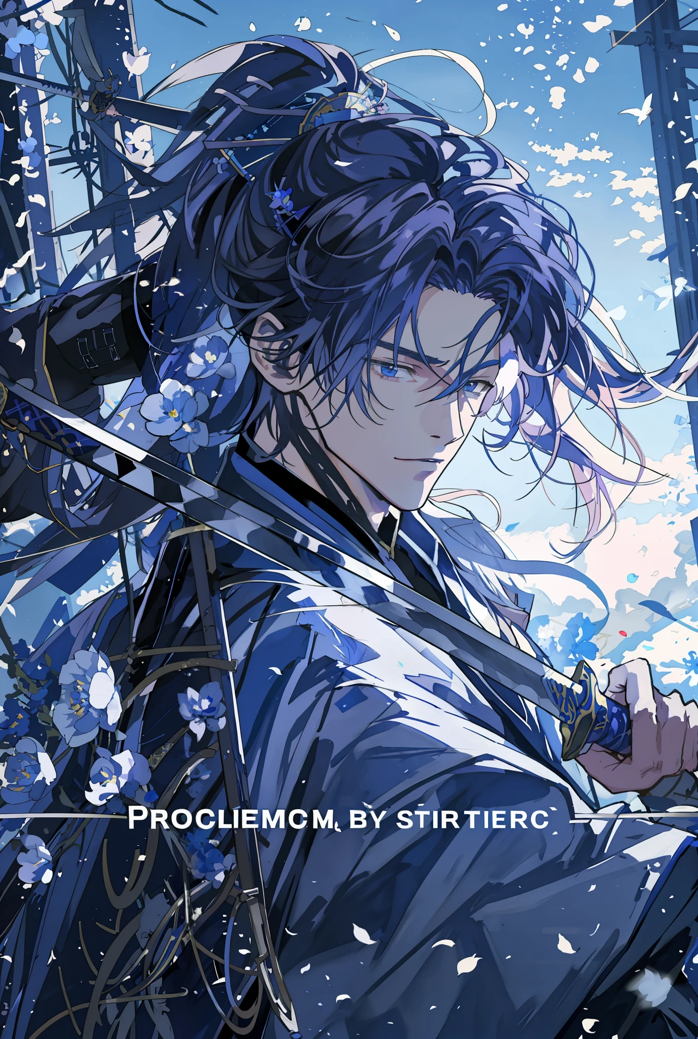 Blue-purple style, very beautiful cyberpunk digital artwork, male focus, handsome, heroic, beautiful man, wearing a blue and white kimono, holding a long sword on the shoulder, chivalrous style, high-quality detail depiction, blurred background and soft light set off, middle side shooting, floral decorations and accessories, broken flowers and flying flowers, rich fog surrounding, light and shadow change extremely exquisite. Anime style 4k wallpaper.