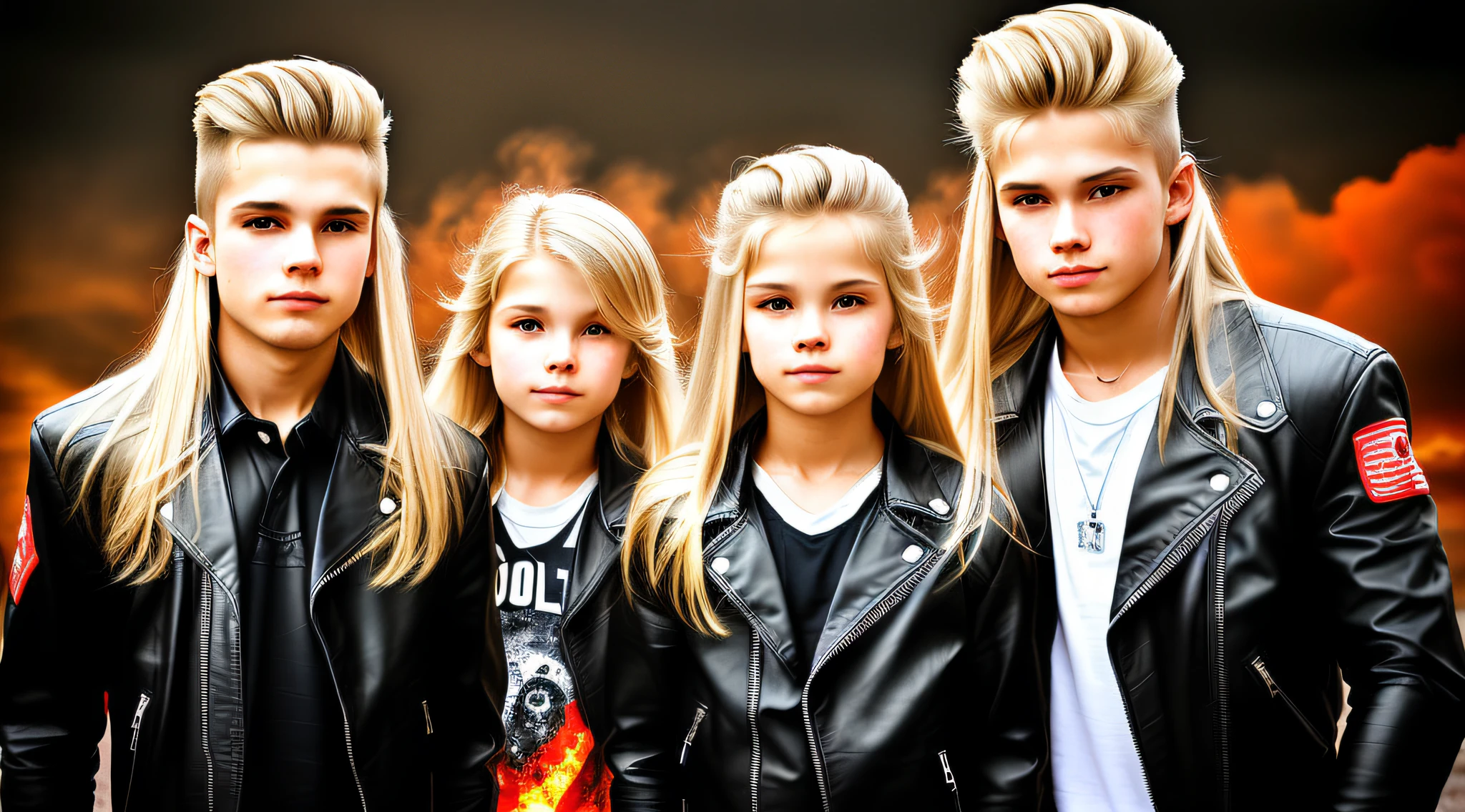 3 BOYS Russian children with 20 years old WITH LONG STRAIGHT BLONDE HAIR, LEATHER JACKET AND BLACK CLOTHING, PORTRAIT STYLE, a closeup of a mushroom cloud with a red sky in the background, nuclear bomb explosion, nuclear bomb, nuclear explosion, bomb explosion, nuclear mushroom cloud, nuclear attack, nuclear bomb explosion, nuclear cloud, nuclear explosion!!!, mushroom cloud, looks at nuclear explosion, nuclear explosions paint the sky, atomic explosion, an explosion, nuclear war, nuclear apocalypse, nuke