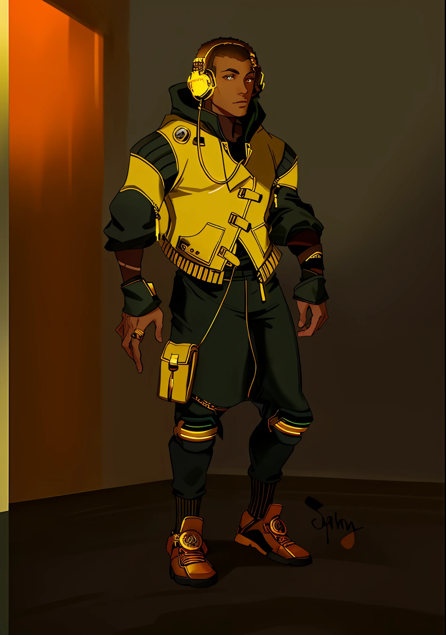 A young black man in a cyberpunk style. He wears black headphones on his head. He wears a dark gold jacket. His pants are dark orange. His shoes are dark red.