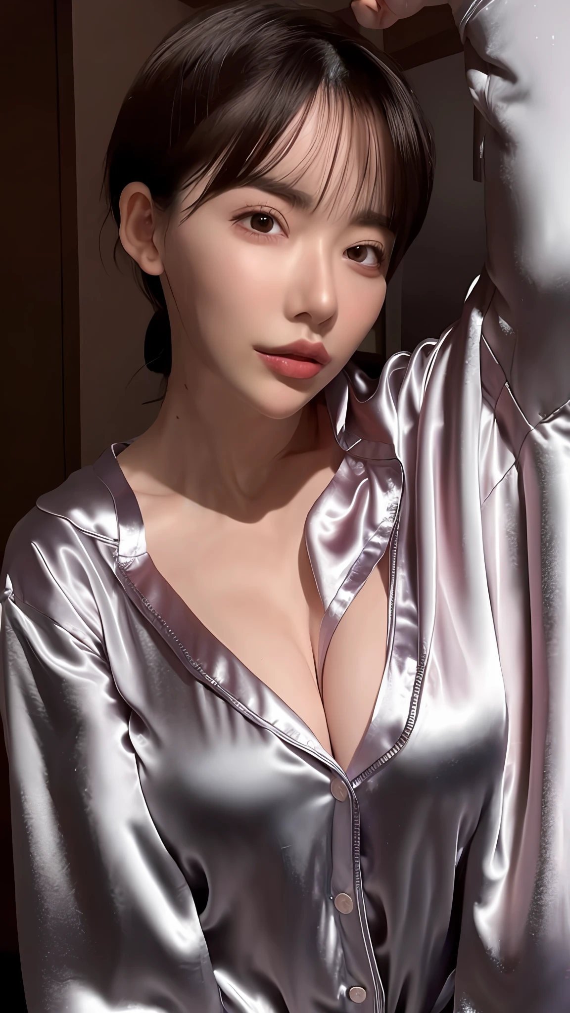 Best quality, best image quality, highest resolution, super detail, satin pajamas, silk pajamas, pajama material is shiny, soft and smooth to the touch, no underwear is worn, breast is C cup, nipple head can be seen through pajamas, full body shooting so that the face can also enter, subject alone, location is hotel bathtub, hands on chest, sweaty, armpit sweat stains