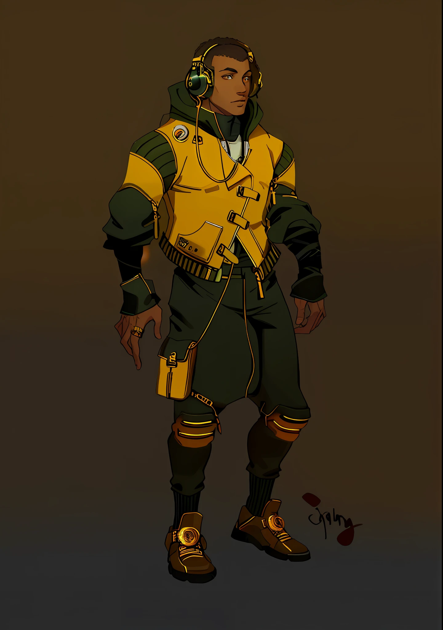 A young black man in a cyberpunk style. He wears black headphones on his head. He wears a dark gold jacket. His pants are dark orange. His shoes are dark red.