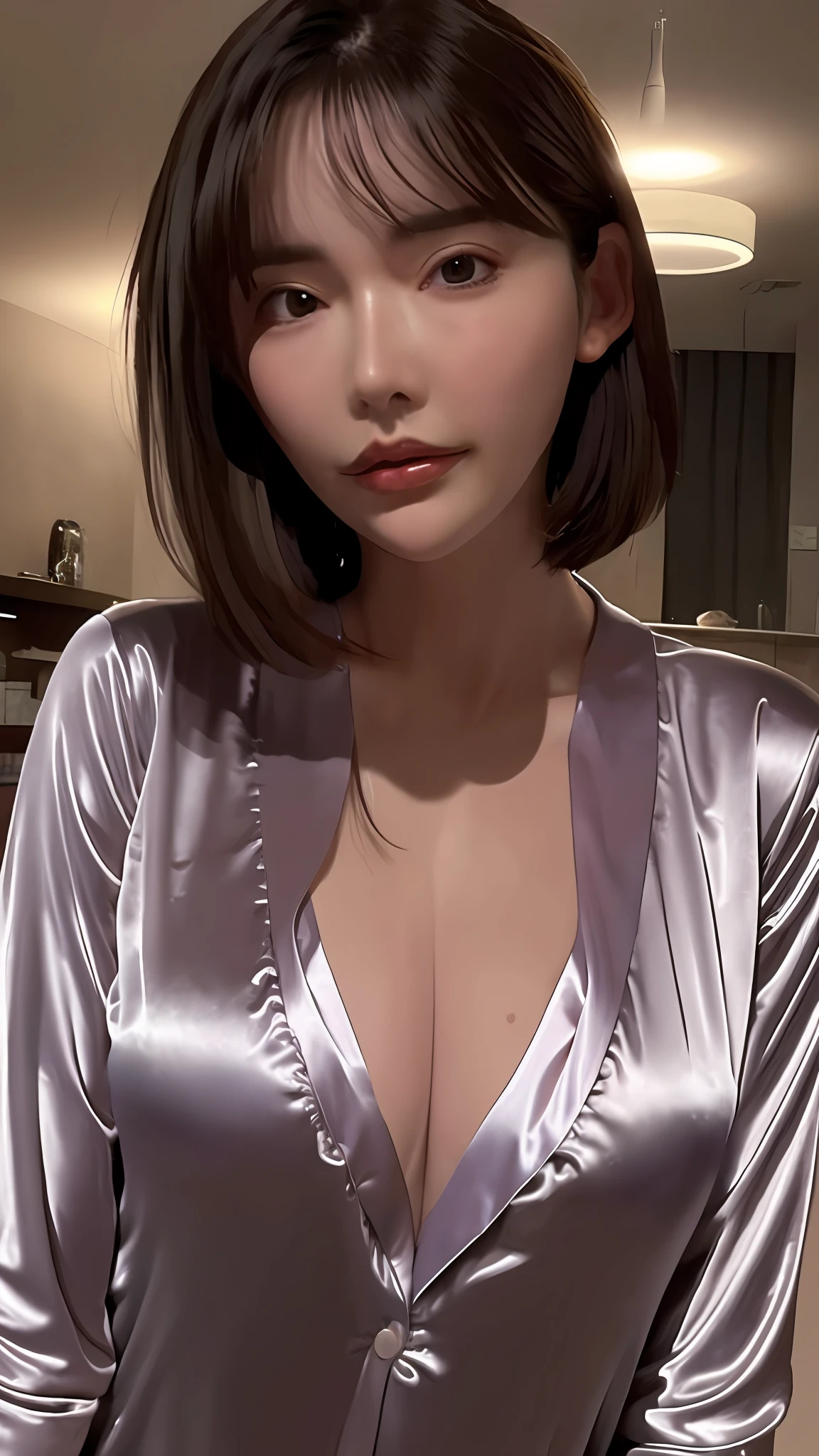 Best quality, best image quality, highest resolution, super detail, satin pajamas, silk pajamas, pajama material is shiny, soft and smooth to the touch, no underwear is worn, breast is C cup, nipple head can be seen through pajamas, full body shooting so that the face can also enter, subject alone, location is hotel bathtub, hands on chest, sweaty, armpit sweat stains