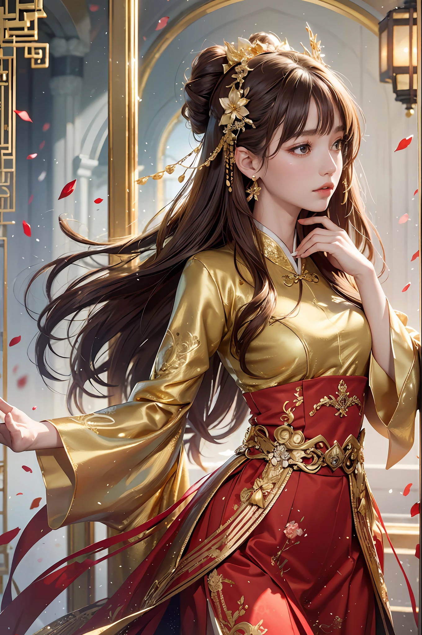 best quality, masterpiece, highres, (exquisite body:1.5),gorgeous face,(milky skin:1.3),intricate details,high resolution,wallpaper,
1girl, solo, dress, hair ornament, (((gold and red dress))), flowers, long hair, brown hair, closed mouth, jewelry, long sleeves, hand up, wide sleeves, big eyes,floating hair, chinese clothes, hanfu, embroidery, long skirt, natural pose, falling petals, indoor,fanning, lantern,
16K,HDR,highres,depth field,(film grain:1.1),boken,golden hour,(lens flare),vignette,rainbowing,(color grading:1.5)