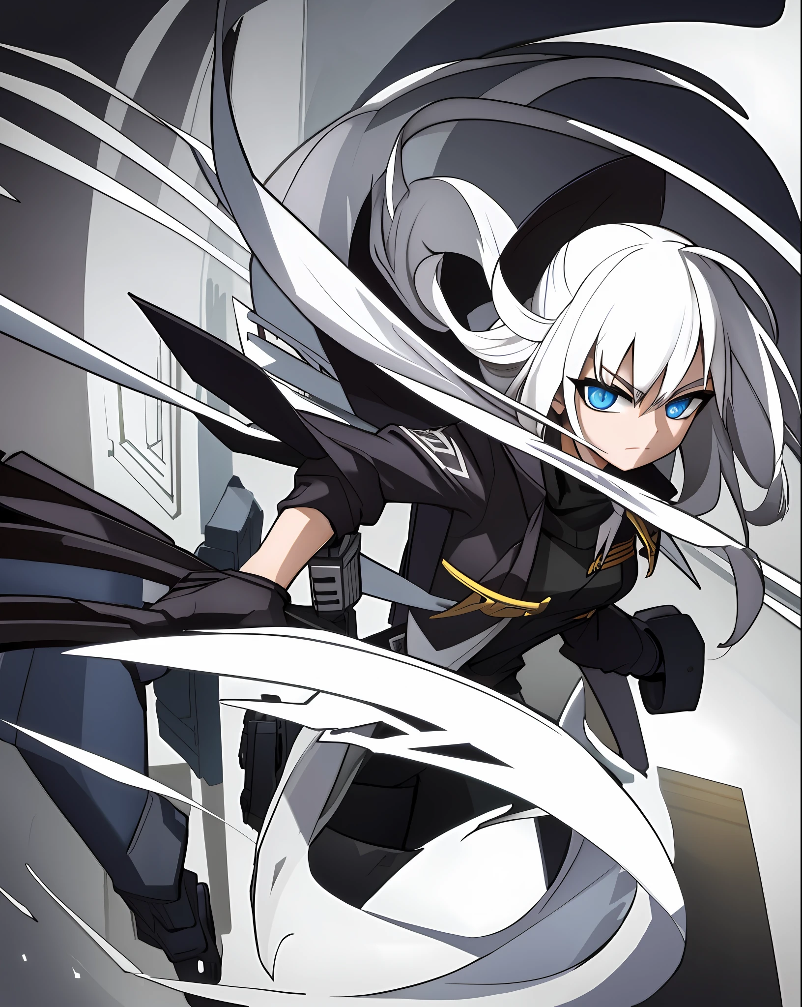 Assassin, girl, super long, white hair, blue eyes, black suit, shirt, black gloves, shorts, black tights, knife holder