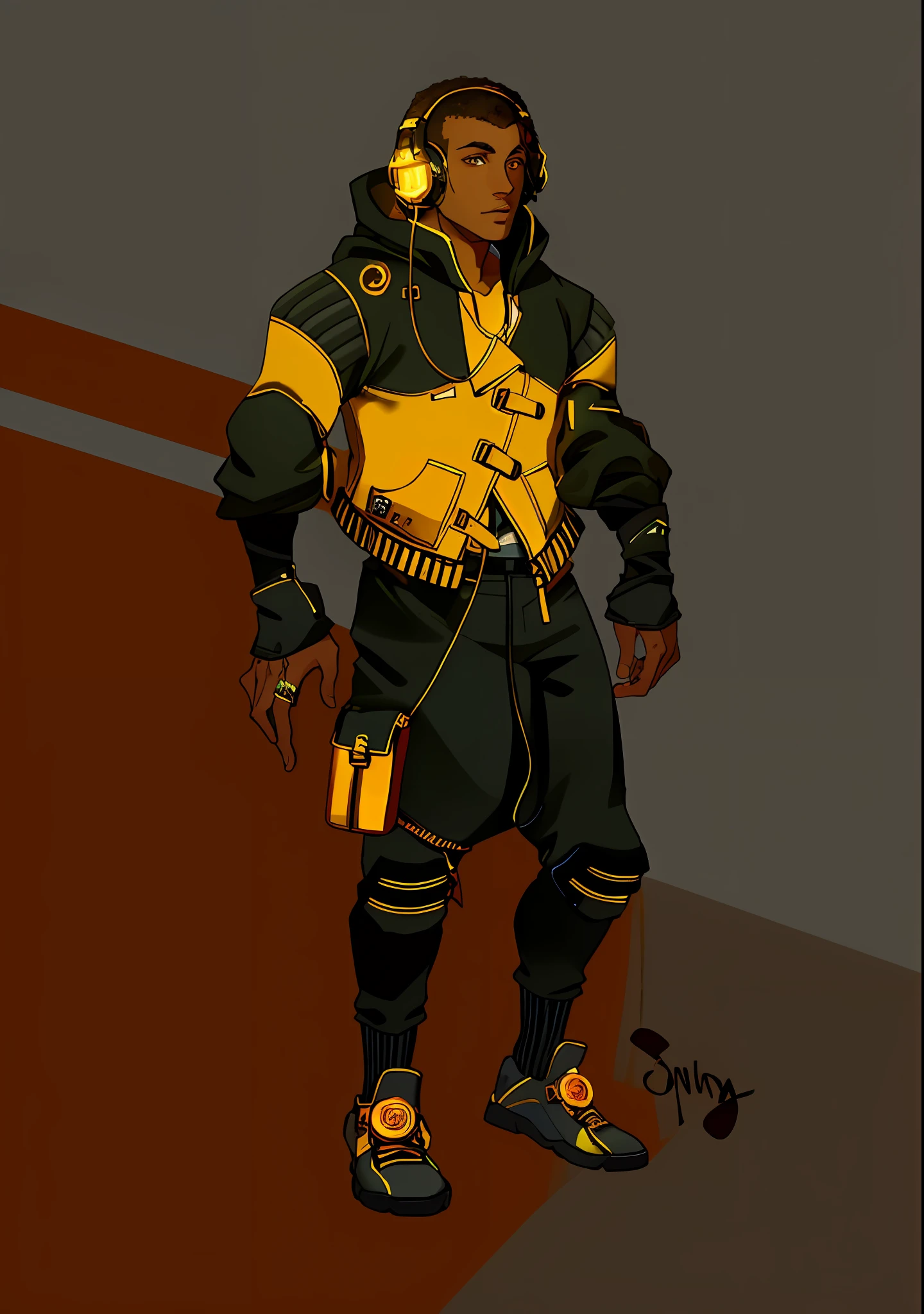 A young black man in a cyberpunk style. He wears black headphones on his head. He wears a dark gold jacket. His pants are dark orange. His shoes are dark red.