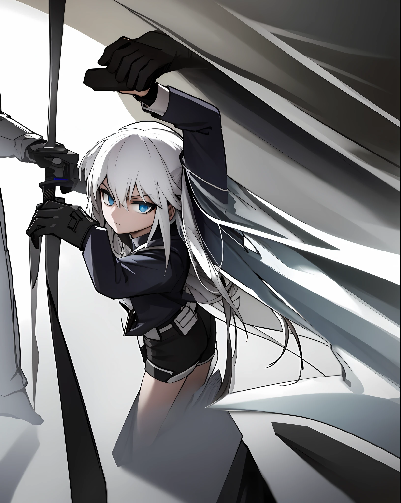 Assassin, girl, super long, white hair, blue eyes, black suit, shirt, black gloves, shorts, black tights, knife holder
