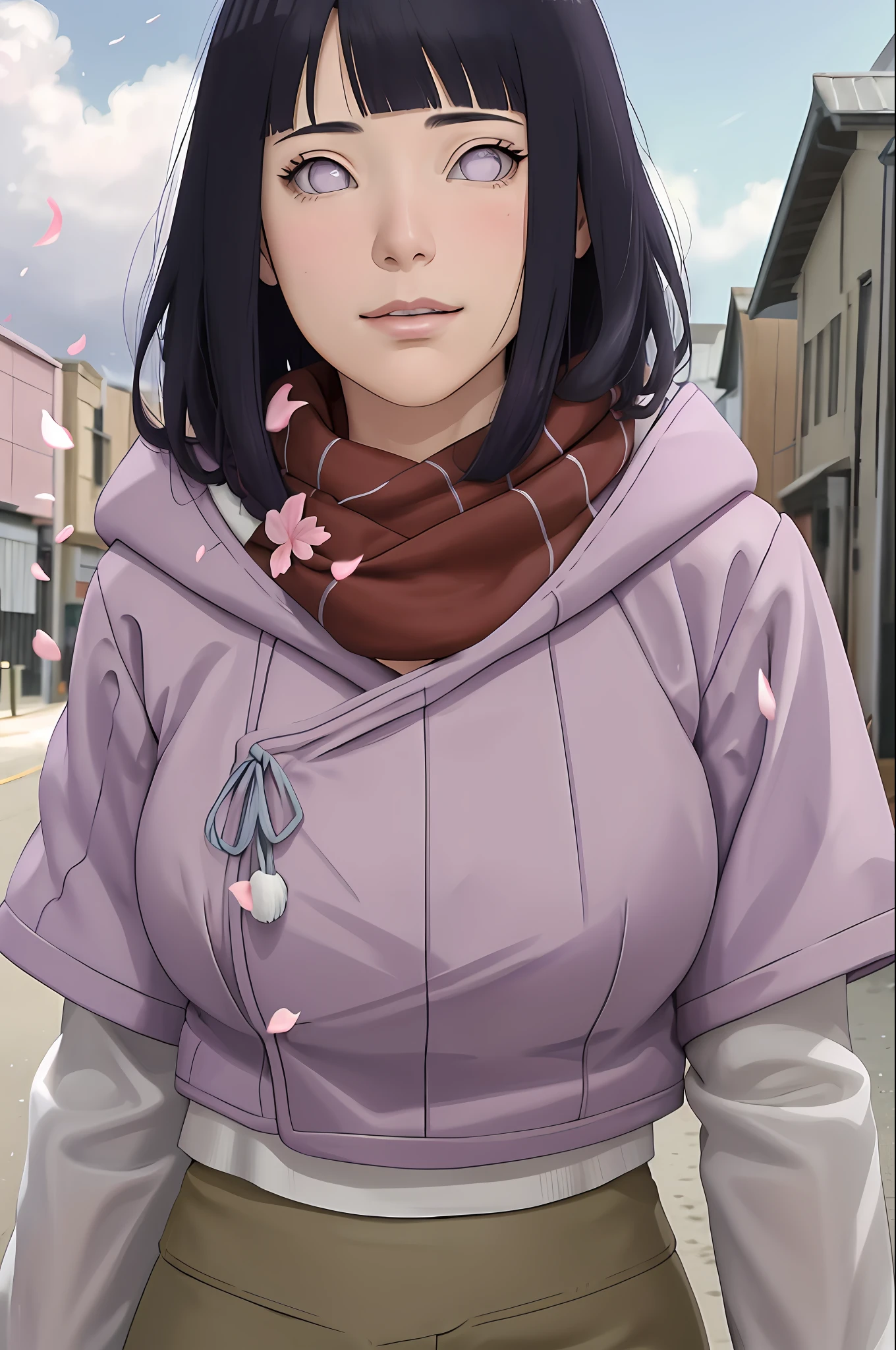 masterpiece, absurdres, hinata\(boruto\), 1girl, solo,mature female, purple hoodie,layered sleeves, brown pants,  outdoors,lavender flower field, looking at viewer, (falling petals), cloudy sky, perfect composition, detailed lips, big breast, beautiful face, body propotion, blush, (pink lips), long hair,  purple eyes,  soft gaze, sad smile, ((long red scarf))