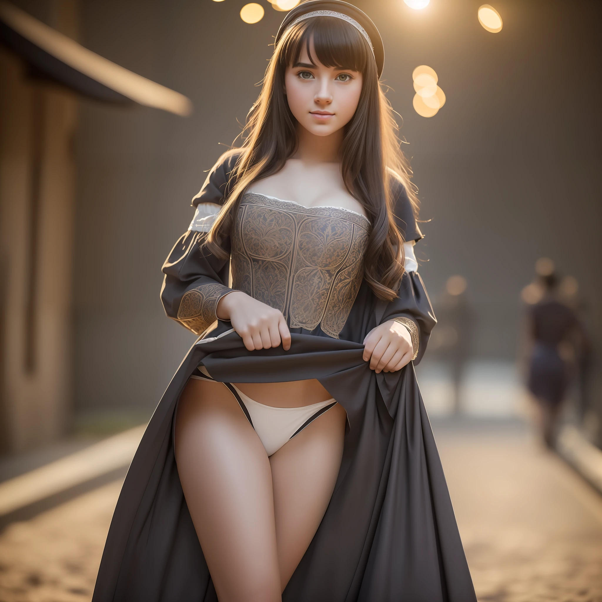 Full-length view (portrait of a 18 y.o. girl lifting a full-length skirt demonstrating underpants), (in a 15th century medieval long dress, intimate, detailed: 1.3), ( : 1.3), (very detailed face: 1.4), (white background: 1.2), (8k, uhd, DSLR, high quality, cinematic lighting, bokeh), (dramatic, award-winning photography, incredible masterpiece: 1.3)