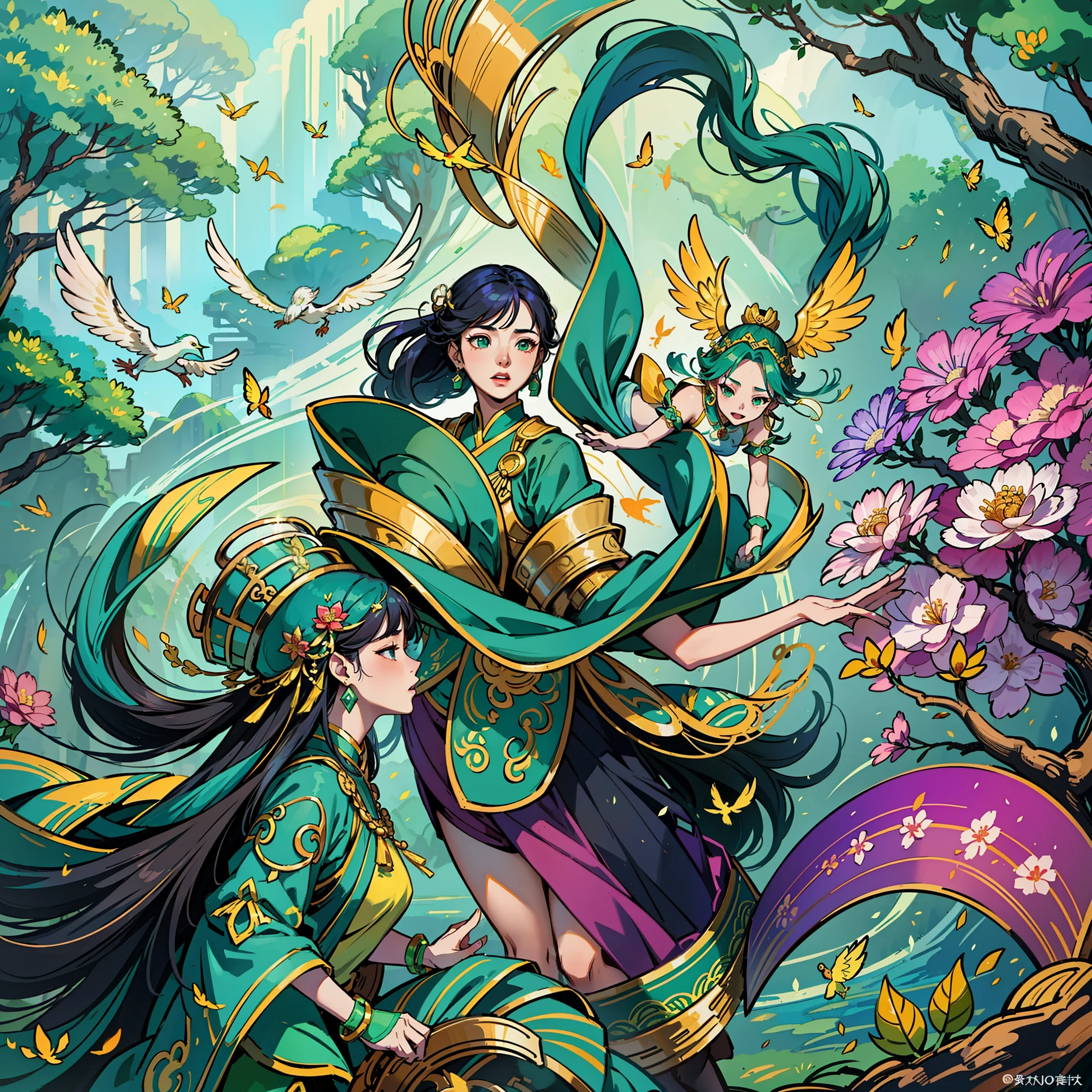There are Yaochi Qiong Lou, gold and jade jewelry, as well as fairy dance sleeves, rainbow flying, green mountains and green water, birds and flowers, as well as magical fruit trees and fairy grass, making people feel the infinite possibilities of life. --auto --s2
