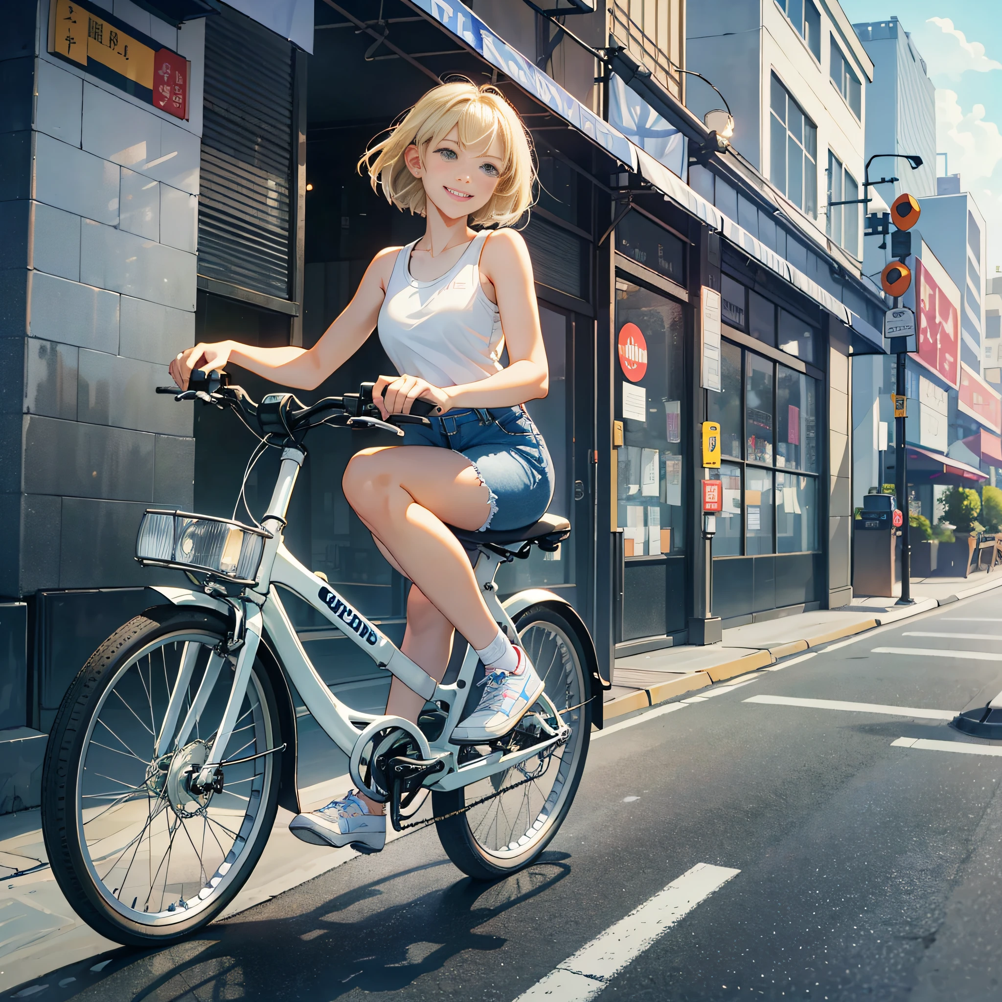 {{masterpiece, best quality, extremely detailed CG, unity 8k wallpaper, cinematic lighting}}, Yokohama city with a harbor , a beautiful girl riding a folding bike, 1Girl, The protagonist is a stunning upper body girl, blonde short bob, smile, wearing a white tank top, distressed denim shorts: 1.3, white basketball shoes, folding bike,