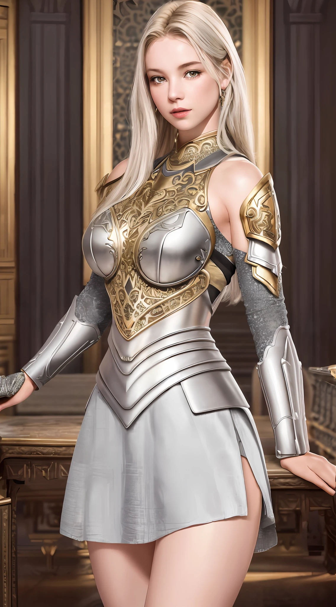 nsfw, 8K raw photo, best quality, masterpiece, super high resolution, film grain, film, 1girl, looking at the audience, natural skin texture, realistic eyes and face details, full lips, a sexy woman in gold and silver lotus lace armor dress, real, hd photos, stunning character art, epic exquisite character art, beautiful armor, extremely detailed, detailed real,, armor girl, : 1.2, (miniskirt: 1, 5), huge breasts, sexy and seductive, bare breasts
