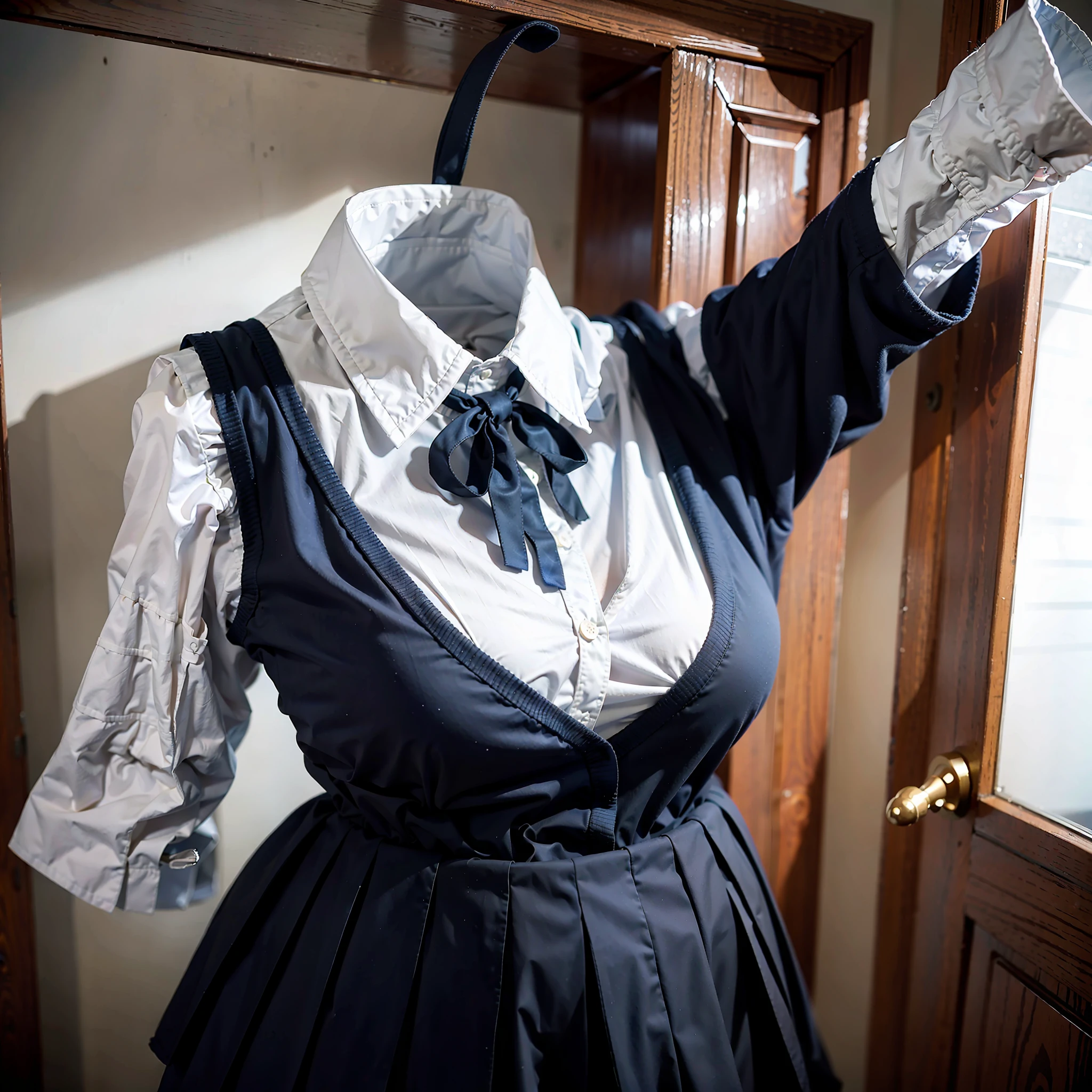 school uniforms in the closet raise their sleeves as if invisible girl wear them, school uniforms swells as if possessed by invisible girls, school uniforms have huge breasts and cleavage, (((no humans))), (headless), faceless, invisible girls, jk ribbon on the neck,