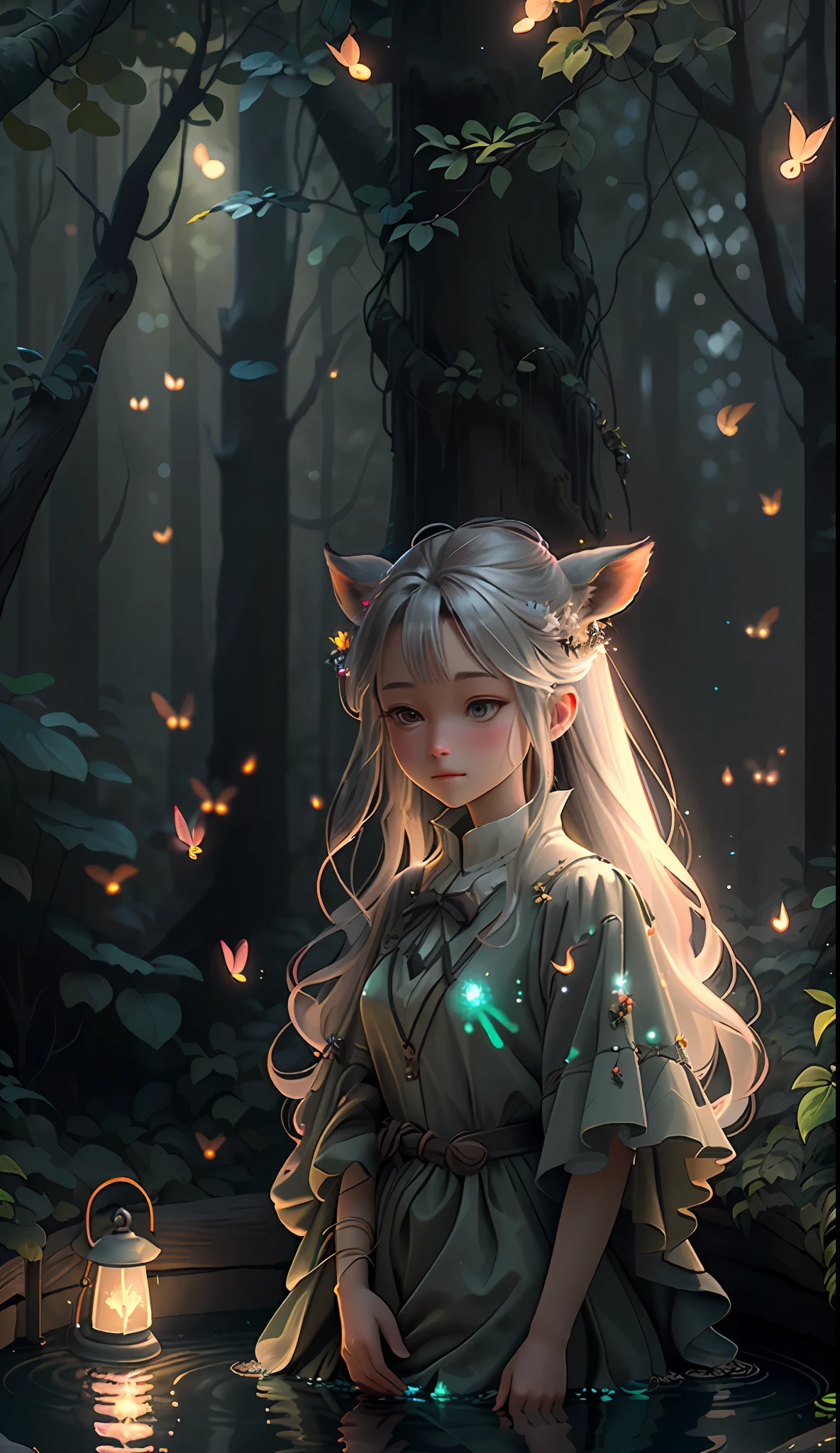 Masterpiece, best quality, (very detailed CG unity 8k wallpaper), (best quality), (best illustration), (best shadows), glow sprite, with a glowing deer, in the swimming pool Drinking water, natural elements in the forest theme. Mysterious forest, beautiful forest, nature, surrounded by flowers, delicate leaves and branches surrounded by fireflies (natural elements), (jungle theme), (leaves), (twigs), (fireflies), (particle effects) etc. 3D , Octane rendering, ray tracing, super detailed