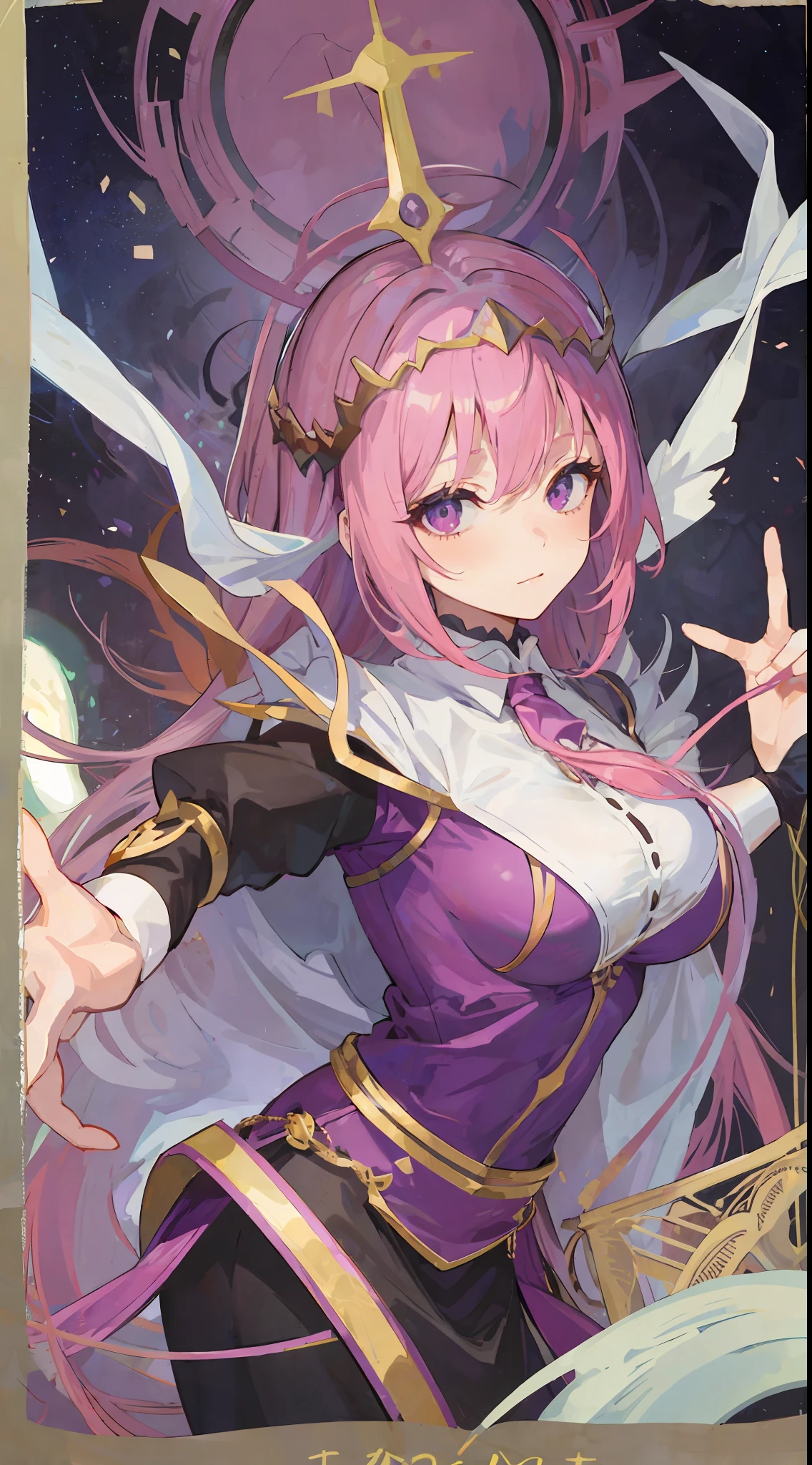 1Girl, pink hair, sharp purple eyes, she a goddess wear divine crown, make it like tarot anime-style but no frame