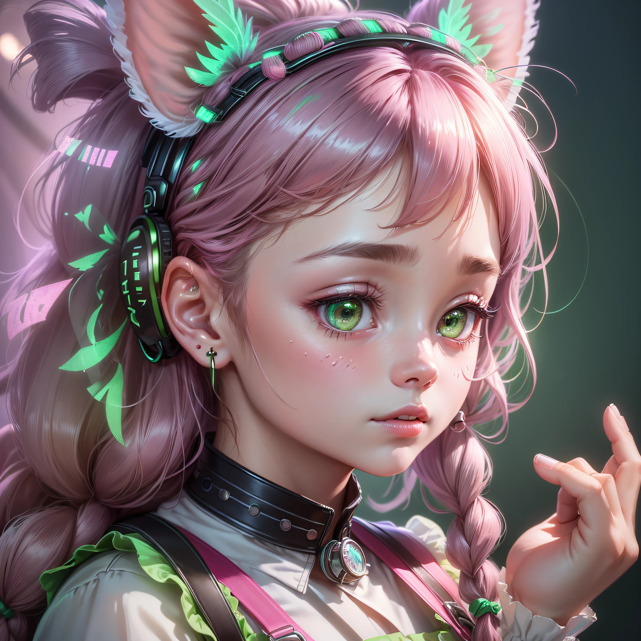 (Extremely detailed CG Unity 8k wallpaper, masterpiece, best quality, super detailed), (best lighting, best shadow, extremely delicate and beautiful), floating, [(Headbands, earrings, (green: 1.5|red: 1.2) braided pig's tail hair with kitten headphones, (pink: 1.3) overalls) :: 0.8] --auto --s2