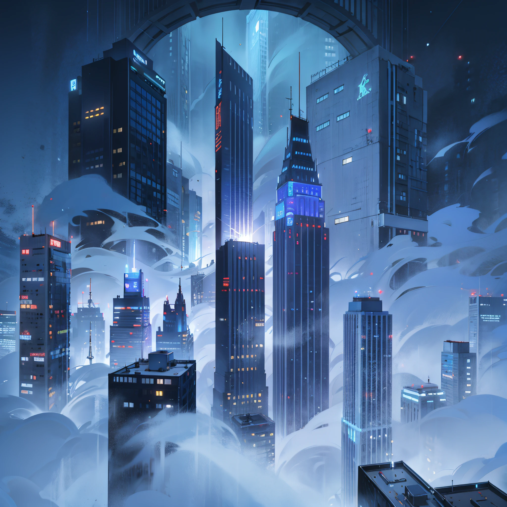 city, tall building, night, blue, foggy, overlook, realistic