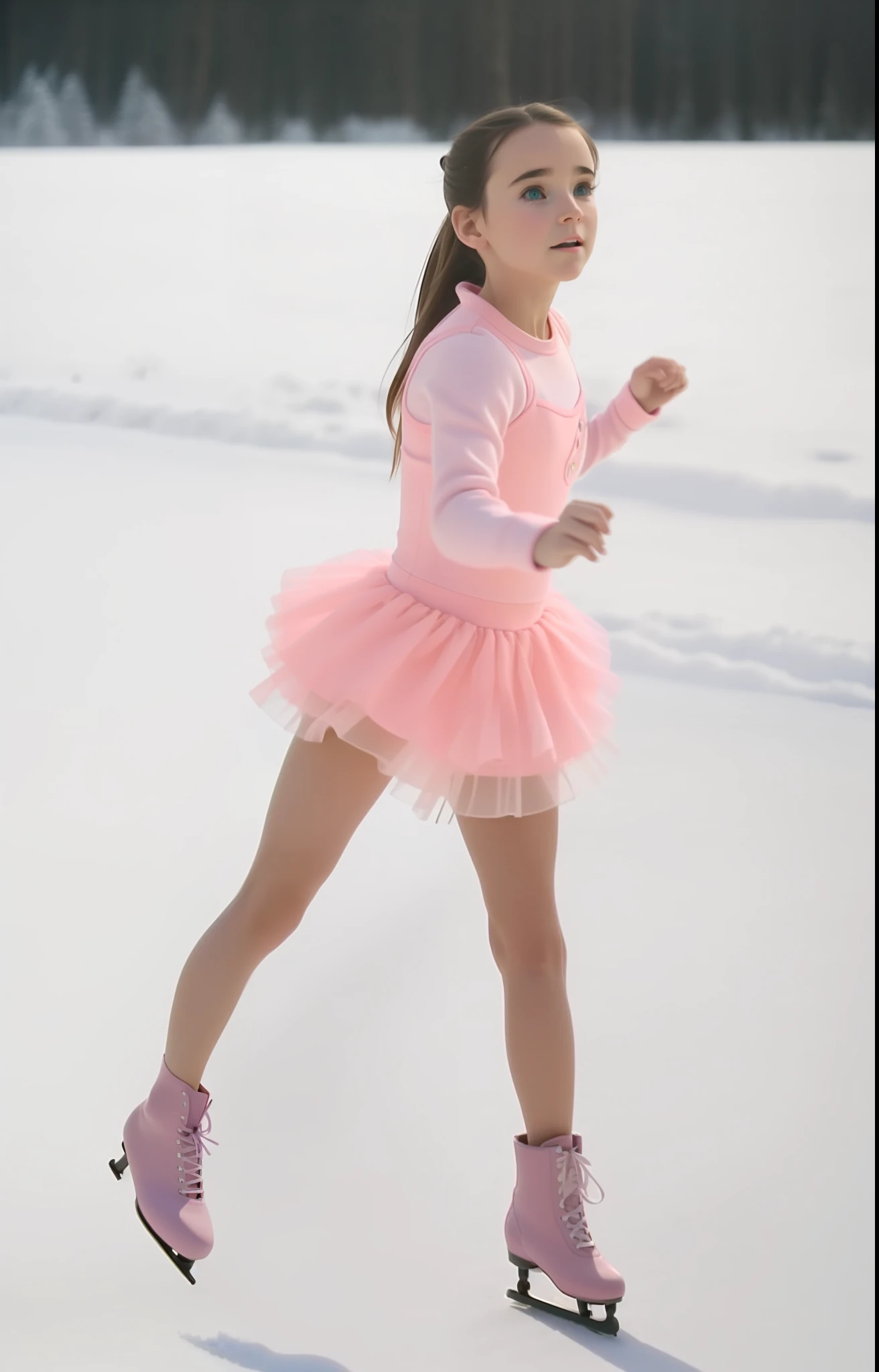 there is a young girl in a pink dress skating on a snow covered field, twirling, wearing a pink romantic tutu, as though she is dancing, wearing a pink tutu, young jennifer connelly, dynamic skating, wearing pink romantic tutu, swirling around, dressed in a pink dress, very grainy image, pink girl --auto --s2