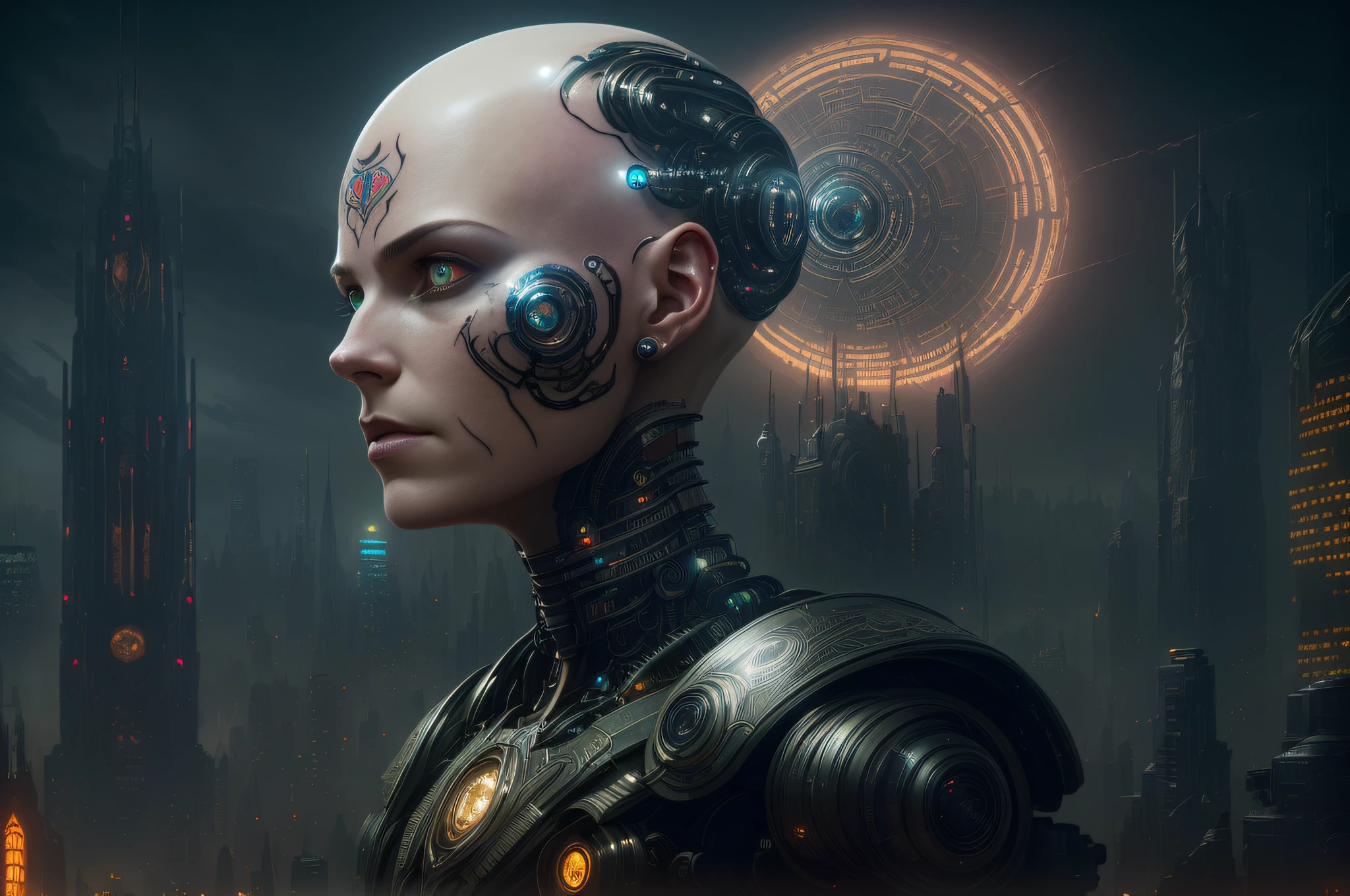 (highly detailed:1.2),(best quality:1.2),(8k:1.0),(emb-rrf-low:1.0),(many many large black tattoos on head and face and eyes:1.2),sharp focus,(award-winning photograph:1.2), (subsurface scattering:1.1)
(beautiful detailed young cyborg girl:1.2), (no hair:1.2),(full body:1.2), (dynamic pose:1.2), neon glow, (detailed cybernetic eyes:1.1), close shot
(hyperrealistic:1.2), rpg, elden ring style, dramatic lighting, (highly detailed futuristic cityscape:1.2), (scifi:1.2), professional portrait photography, by wlop greg rutkowski jeffrey simpson alphonse mucha